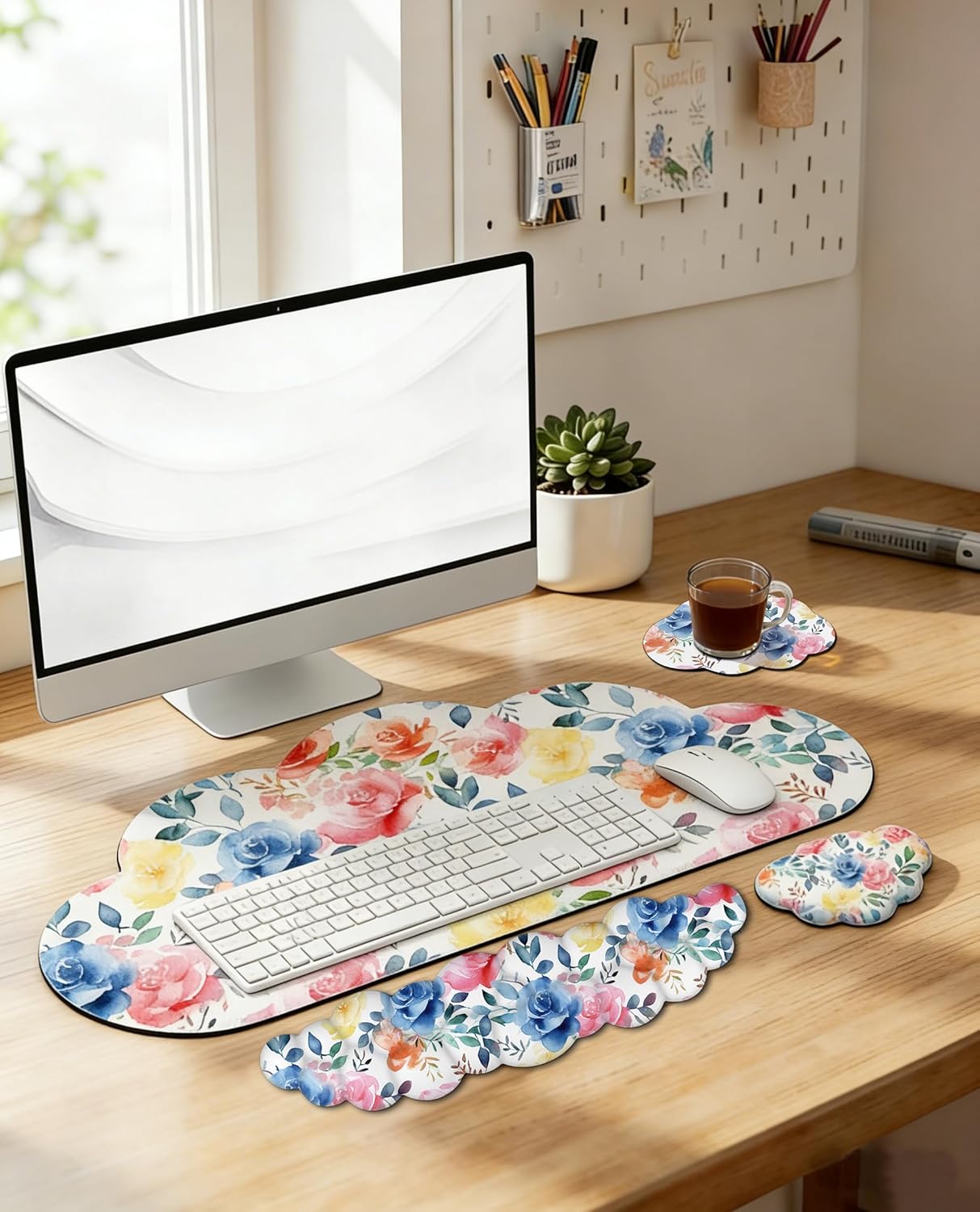 JIKIOU Large Cloud Mouse Pad Waterproof with Cloud Keyboard Wrist Pad and Cloud Mouse Wrist Pad Set, Ergonomic Computer Desk Wrist Support Mousepad for Keyboard and Mouse 35.4x15.7in Colored Rose