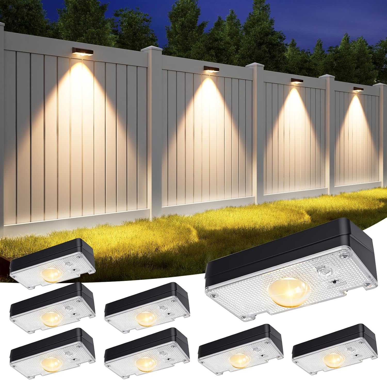 APONUO Solar Fence Lights Outdoor Waterproof, Fence Lights Solar Powered, 12 RGB Color Modes & Warm White & Cool White, Fence Solar Light Outdoor for Backyard, Patio, Yard, Wall, Deck（Black, 8 Pack）