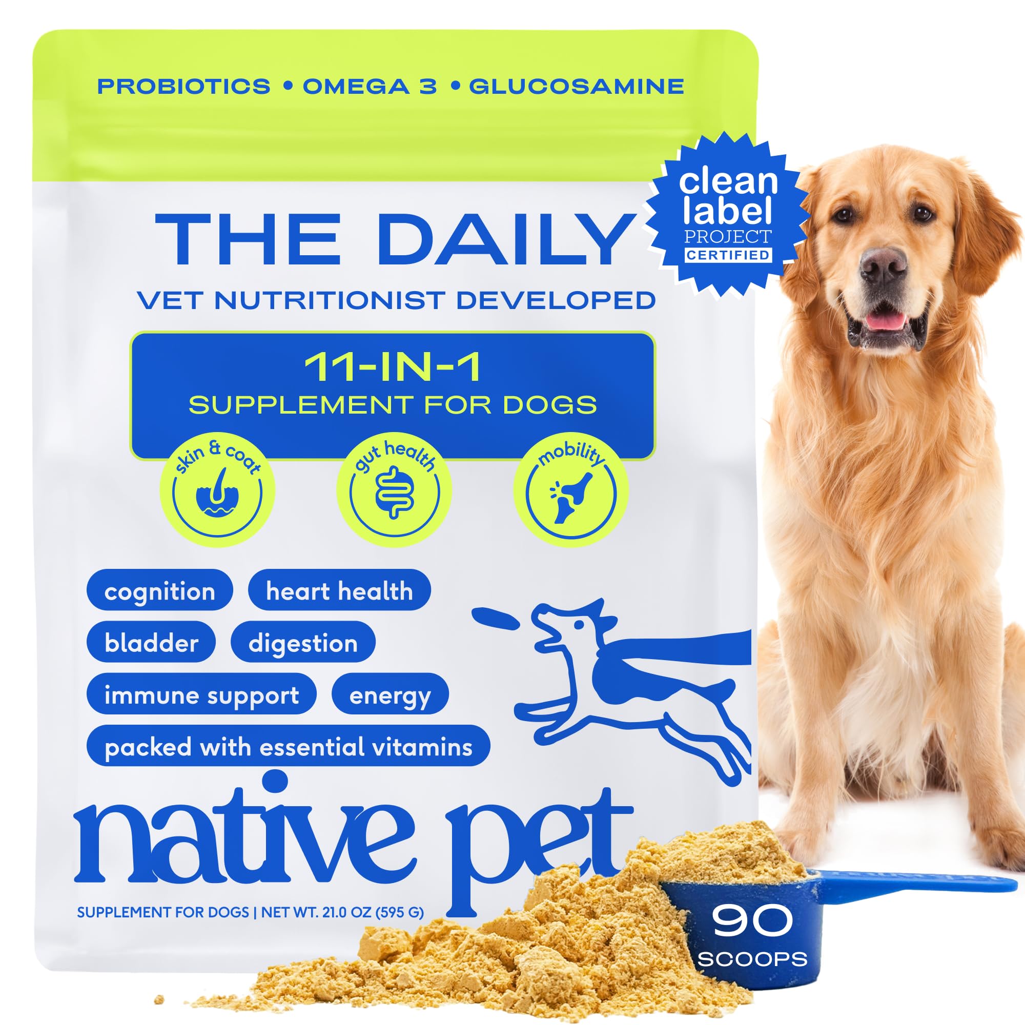 Native Pet The Daily Dog Vitamins & Supplements - 11-in-1 Multivitamin Powder for Dogs - Supports Whole Body Health, Digestion, Mobility & Immunity with Collagen, Glucosamine & Probiotics – 90 Scoops