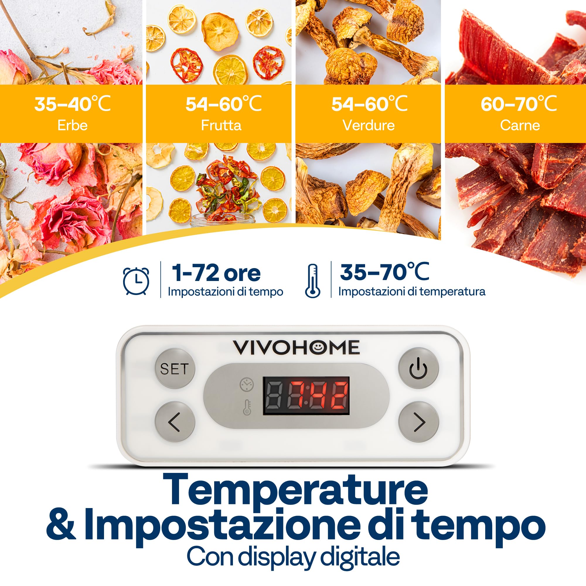 VIVOHOME Essiccatore Elettrico con 5 Vassoi 400W con Timer Digitale 72 Ore e Regolazione Della Temperatura per Frutta Verdura Carne Secca Erbe Manzo Funghi