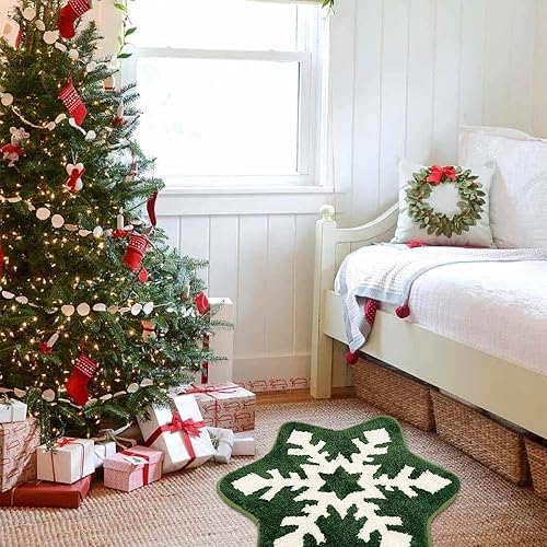 Miniatura 5 de YRXRUS Alfombra de baño de copo de nieve de Navidad, decoración de Navidad, tapete con forma de nieve verde y blanca, sala de estar, dormitorio,