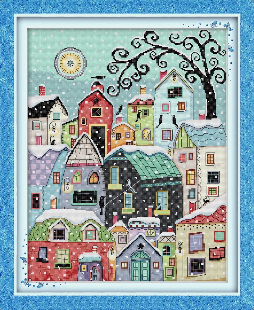 Captaincrafts Snowman Snow Urban House Street Scenery Cross Stitch Kits, Counted Cross Stitch Unpreprinted Fabric Cross Stitch Adults Embroidery Kits (Unpreprinted 14Ct, )