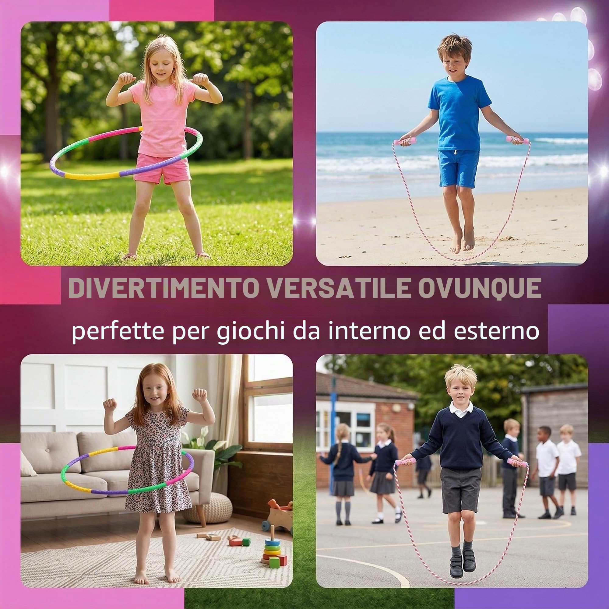 Set Hula Hoop per Bambini 59cm 93g, 8 Segmenti Hulahoop per 3-12 Anni, Corda per Saltare Unicorno per Giochi All'aperto & Regalo di Compleanno