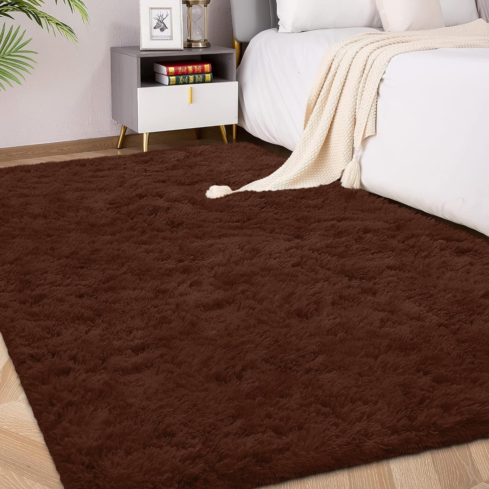 FVVRAX Flauschiger Hochflor Teppich 120x180 cm Braun | Extra weicher Shaggy Teppich rutschfest für Wohnzimmer Schlafzimmer | Kuscheliger Bodenteppich für Kinder Haustiere