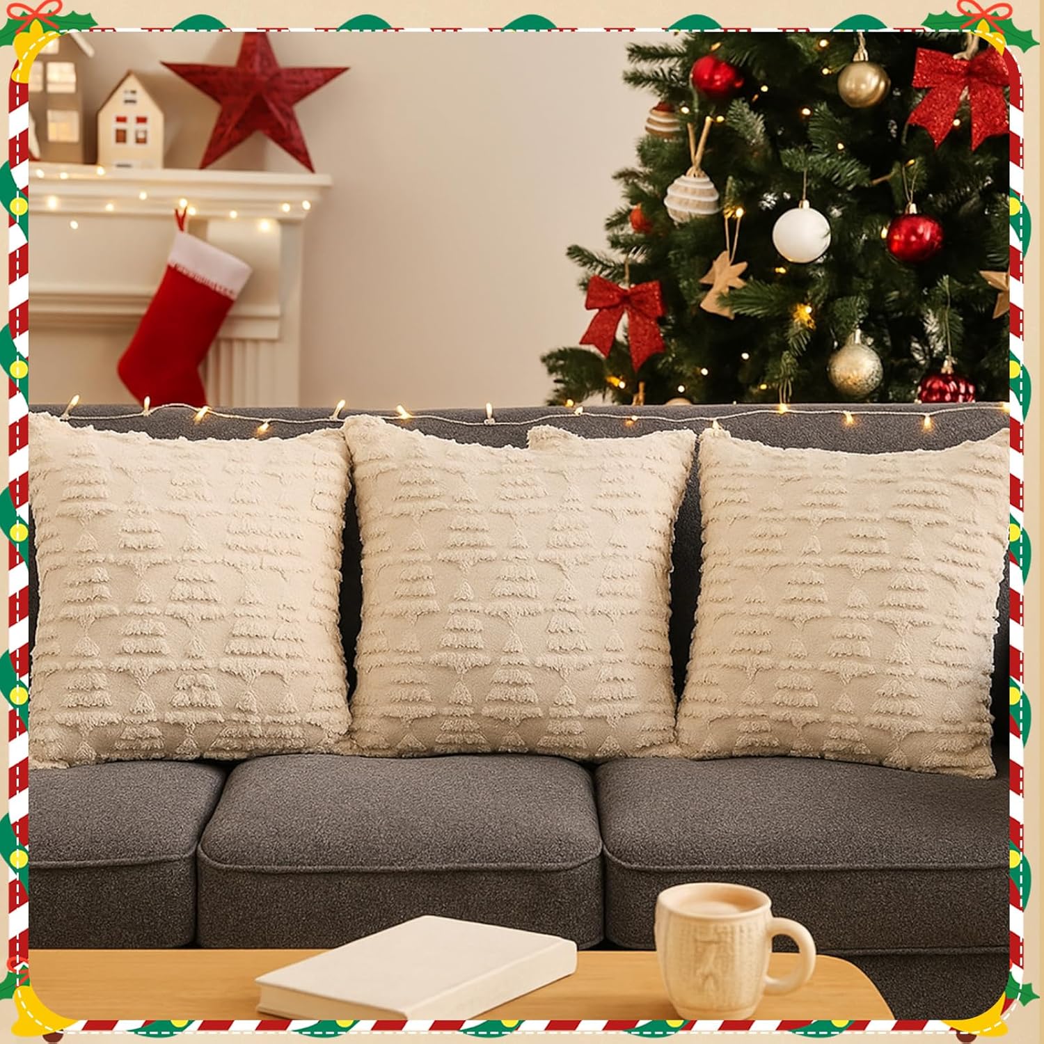 Mindsoft 4 Pack 20" X 20" Christmas Pillow Covers Throw Pillow Cases Soft Plush Xmas Winter Christmas Tree Faux Fur Cushion Case for Chair Sofa Bedroom Living Room Home Decor