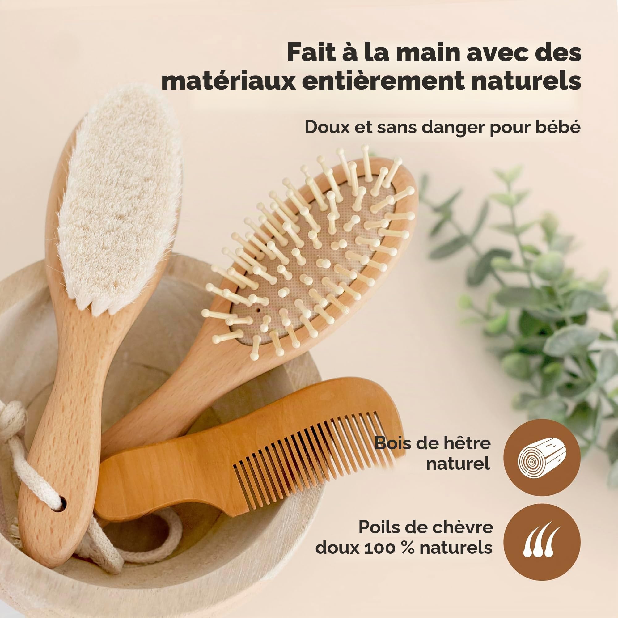 Brosse à Cheveux Bébé Pour Nouveau-né - Brosse à cheveux en bois naturel avec poils de chèvre doux pour berceau - Kit de toilettage parfait du cuir chevelu pour nourrissons, tout-petits et enfants