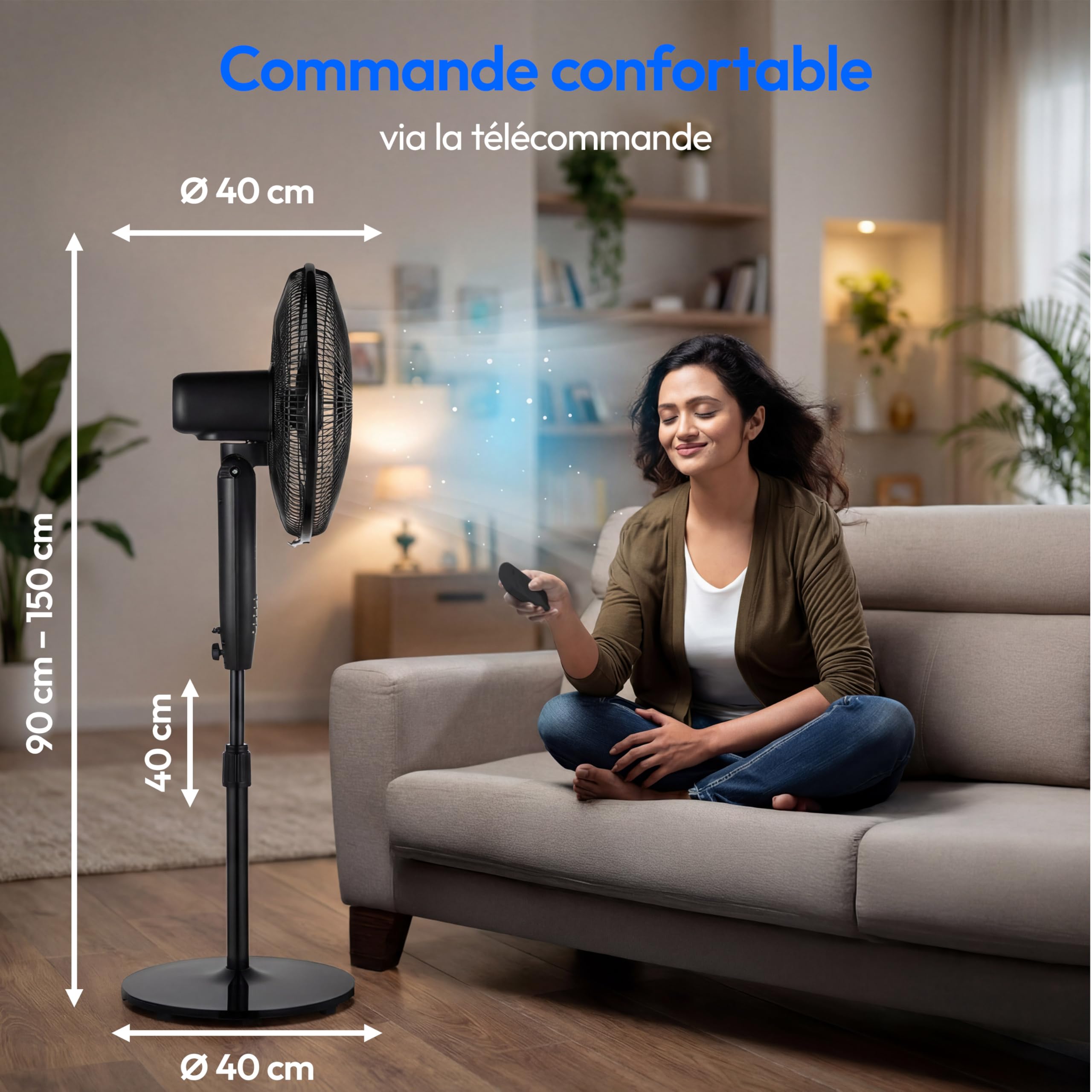 MEDION P21 SF Ventilateur sur pied avec télécommande (silencieux, 3 modes nuit nature oscillation, 3 vitesses, hauteur réglable jusqu’à 130 cm, oscillation, minuterie, MD12069) noir