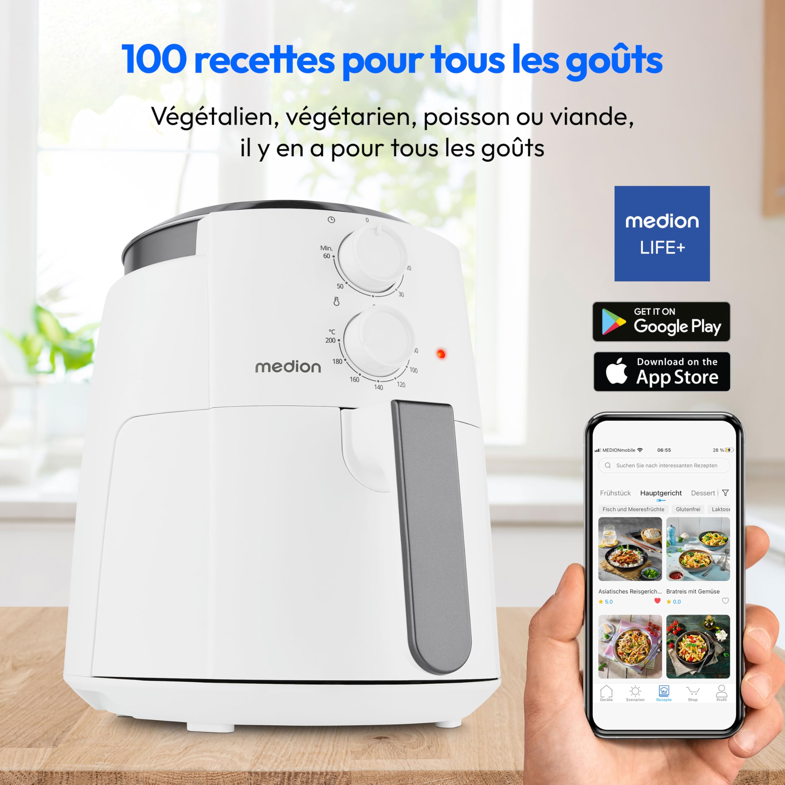 MEDION Air Fryer P30 L (4,7 L, 1500 W, petit et facile à utiliser avec les boutons rotatifs, minuteur de 60 min, jusqu'à 200°C) noir