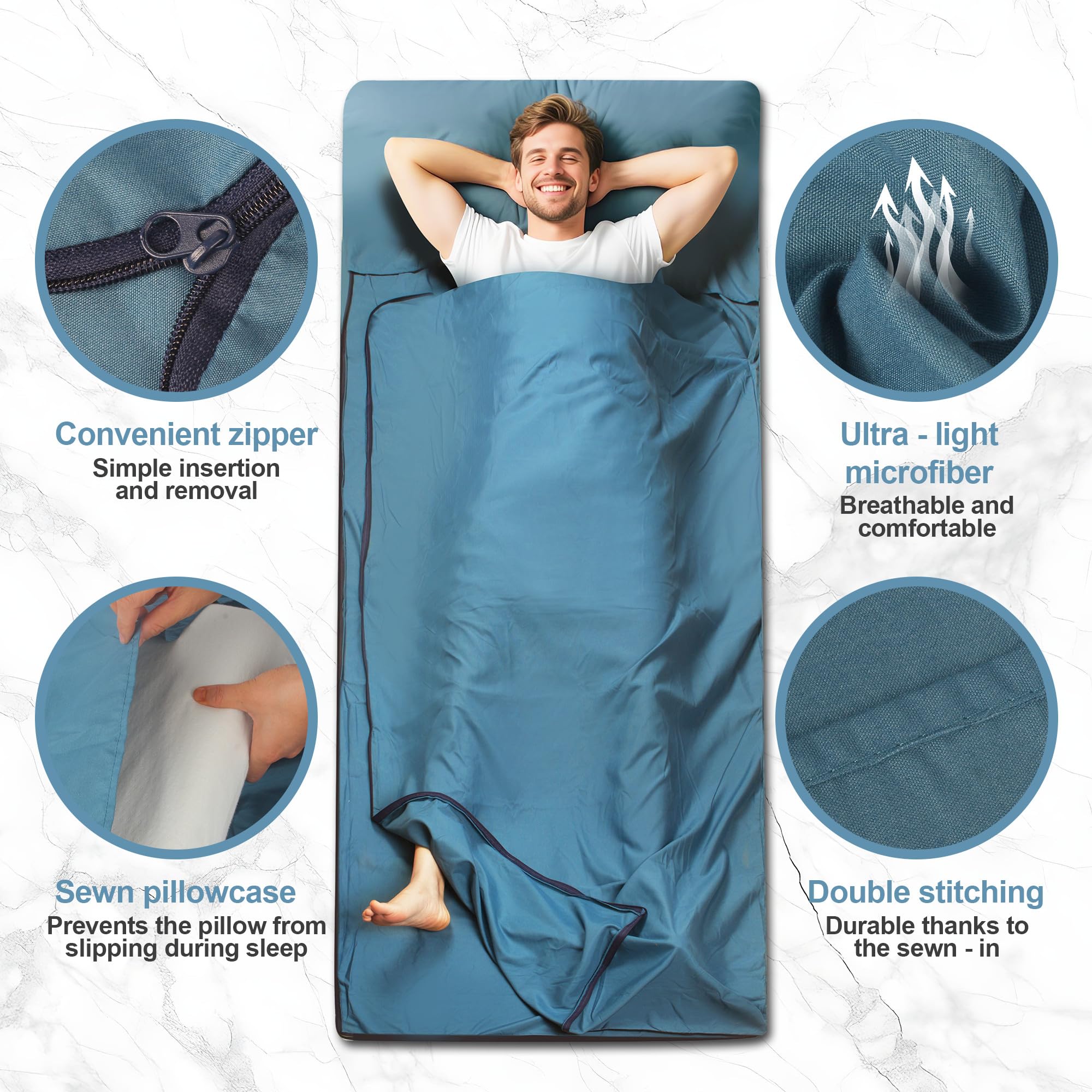 Saco de Dormir 2 en 1 220 x 95 cm Funda Interior Manta con Cremallera Compartimento para Almohada Campamento Mochilero
