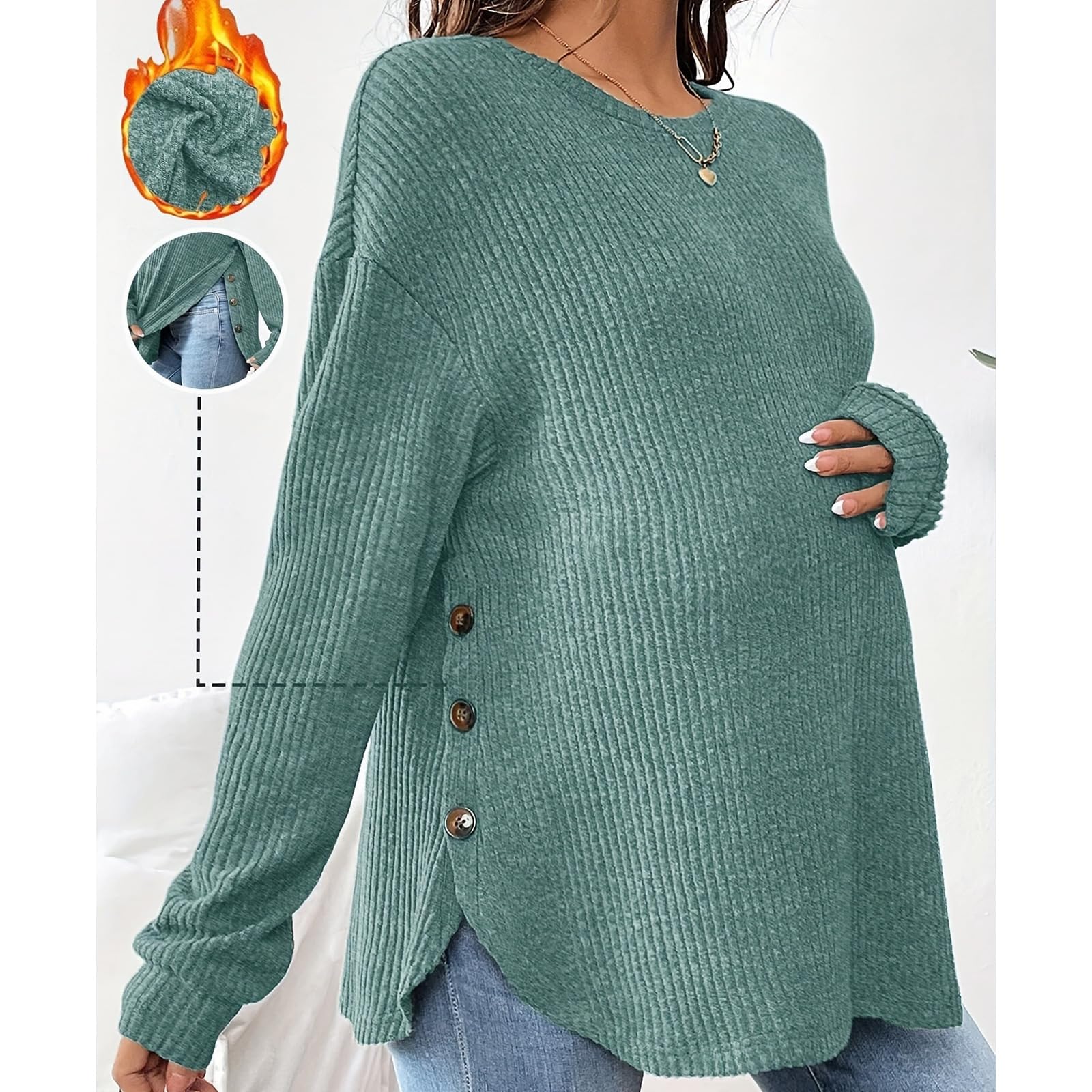 Chemise de grossesse élastique - Pull d'hiver chaud - Tissu doux et extensible - Fente latérale pour le confort maternel - Mobilité - Vêtements de grossesse - Troisième trimestre