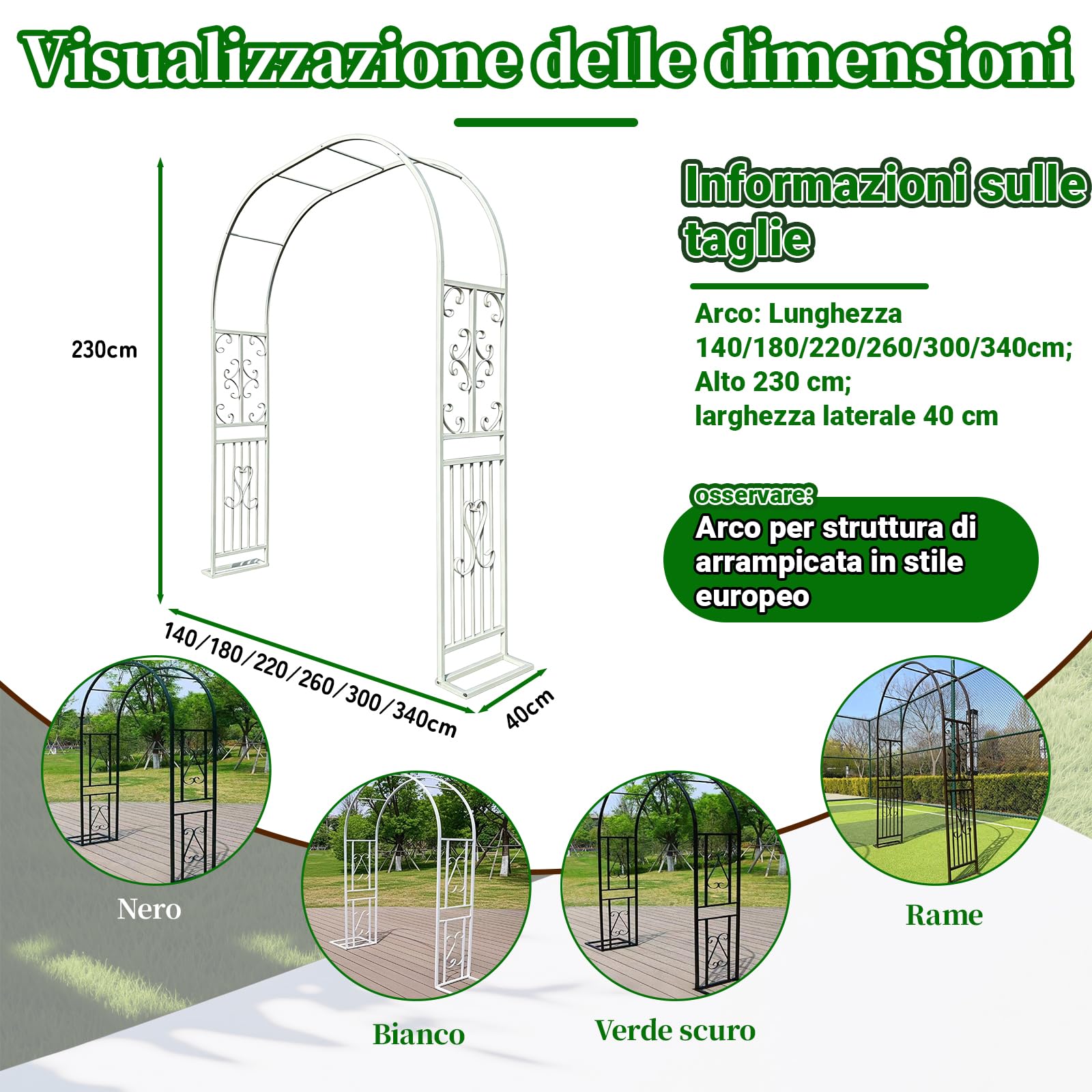 Arco per Rose Rampicanti, Garden Pergolas Metallo Arco Sostegno per Piante Rampicanti, Decorazione Giardino, patio e piante rampicanti(L180xW40xH230cm) Weiß-B