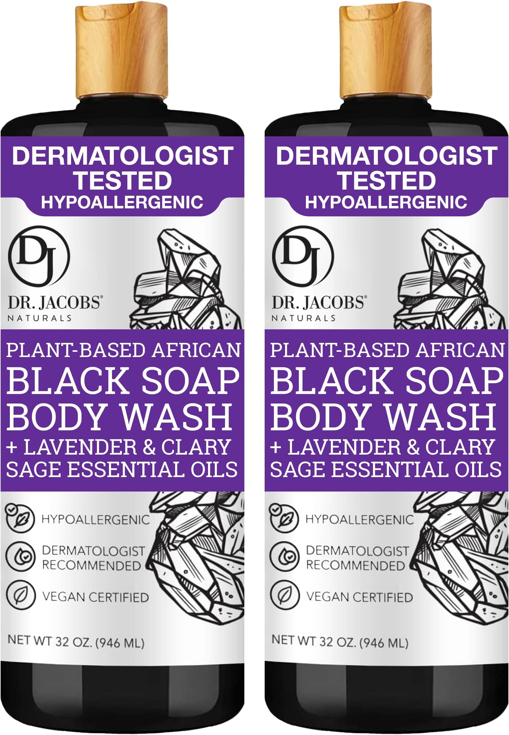 Dr Jacobs Naturals Authentic African Black Liquid Soap with Lavender & Sage Scent All-In-One Face Wash, Sensitive Skin Body Wash, Shampoo, Shaving Soap | Moisturizing and Nourishing Formula 32oz 2pk