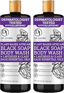 Dr Jacobs Naturals Authentic African Black Liquid Soap with Lavender & Sage Scent All-In-One Face Wash, Sensitive Skin Body Wash, Shampoo, Shaving Soap | Moisturizing and Nourishing Formula 32oz 2pk