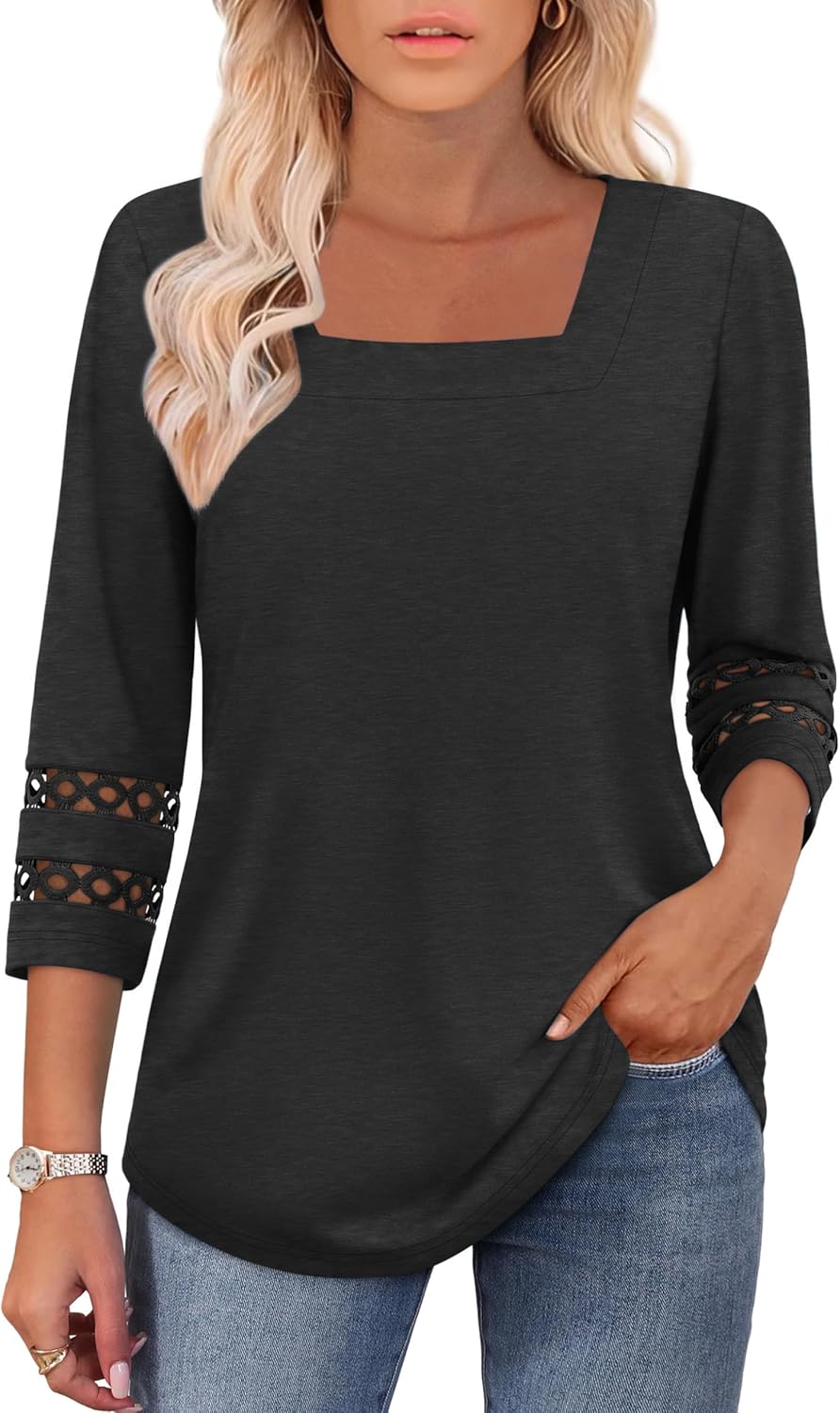 Women's 3/4 Sleeve Tops Square Neck Dressy Casual T-Shirt 2025 Trendy Fashion Business Shirt Fall Basic Tee Blouse - Image 2