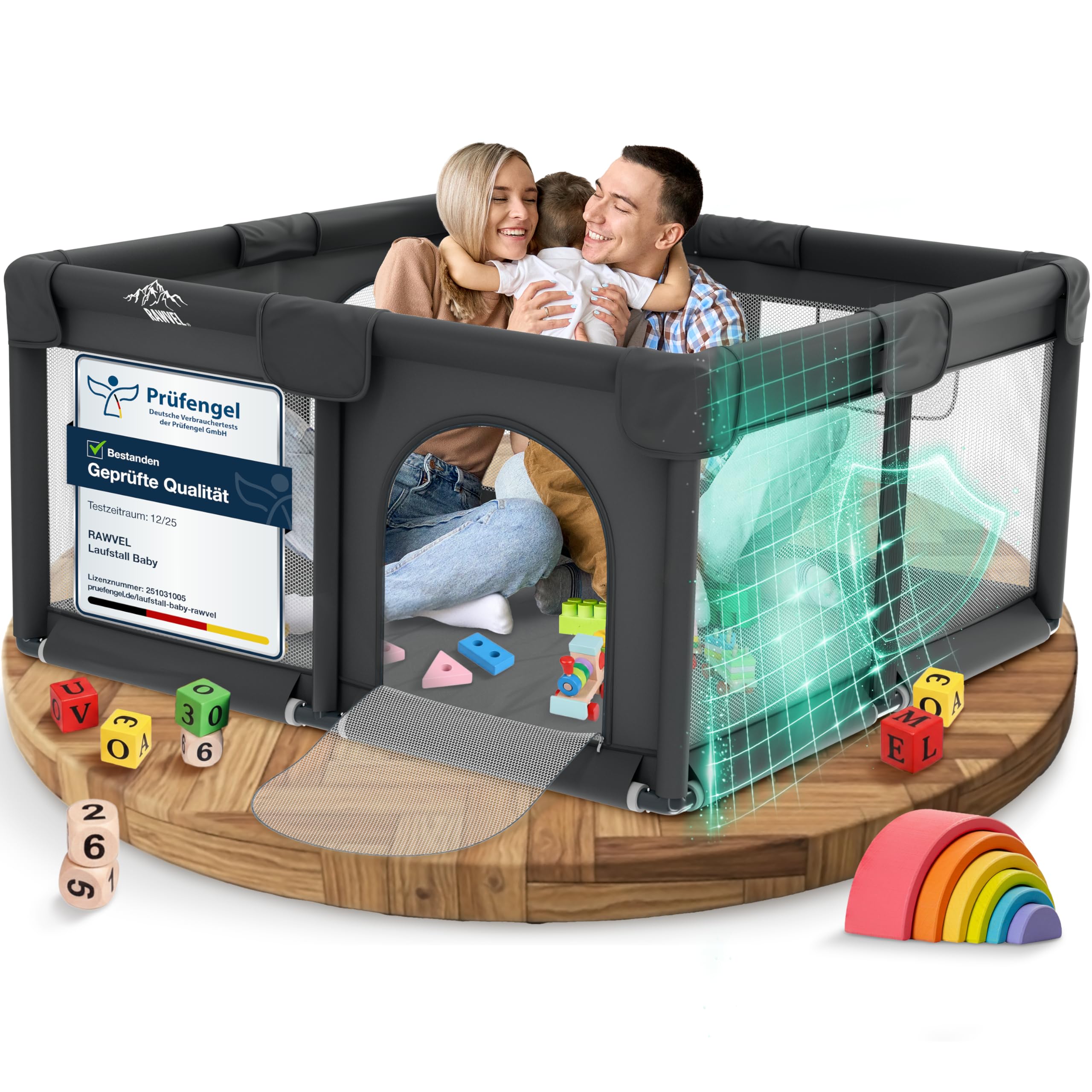 RAWVEL® Laufstall Baby Fence – [NEU 2025] – Laufgitter Baby Laufstall Playpen Kind, Laufgitter & Ställe, Kinderlaufstall, Play Pen – [Laborgeprüft] – Atmungsaktiv & Vollständig gepolstert - 130x130 cm
