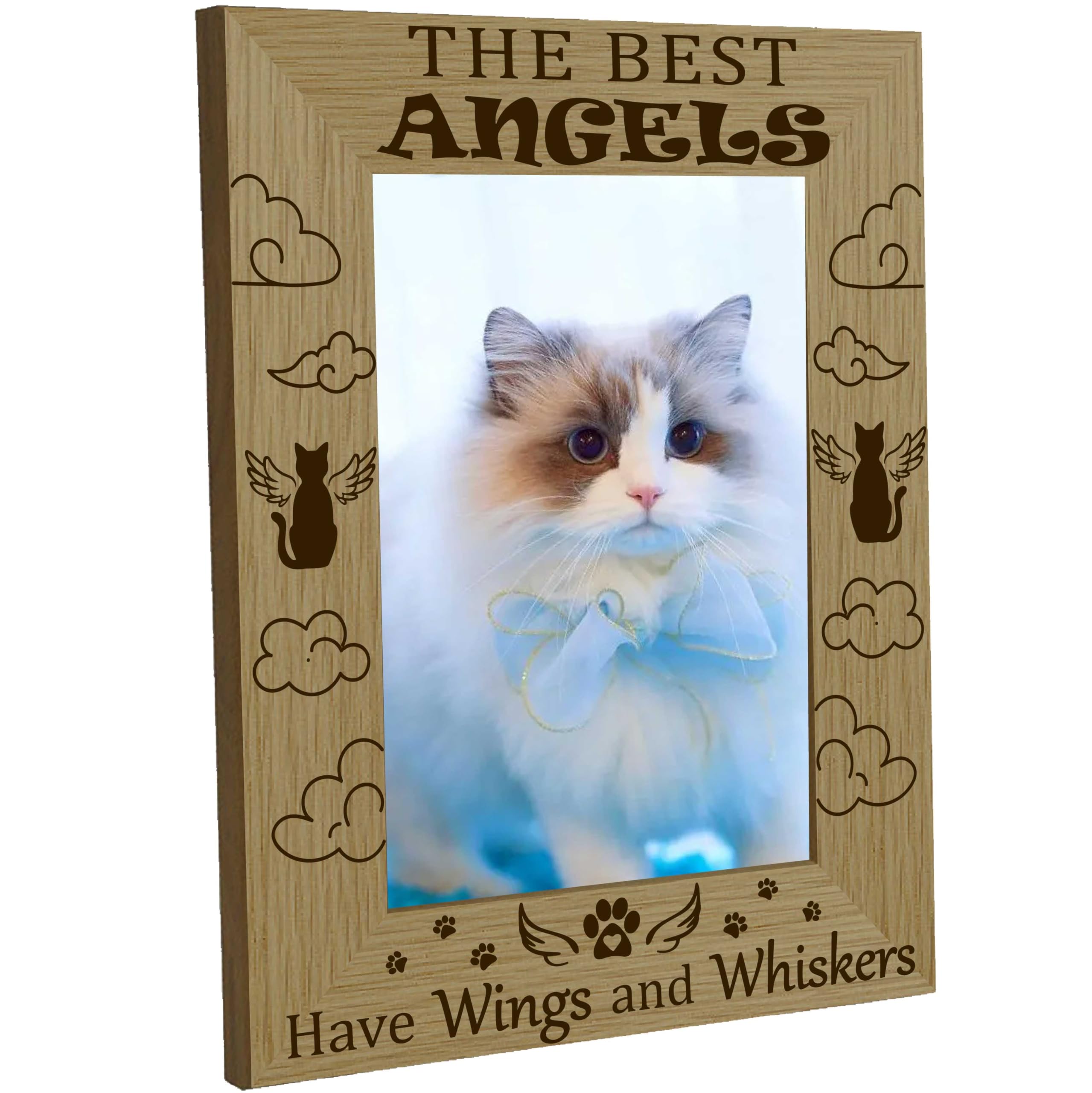 CREATCABIN Cat Picture Frame Pet Wood Photo Frames Engraved Display Wooden Tabletop Memorial Gifts for Hanging Wall Gallery Christmas Home Desk Decor 4x6Inch-the Best Angels Have Wings and Whiskers