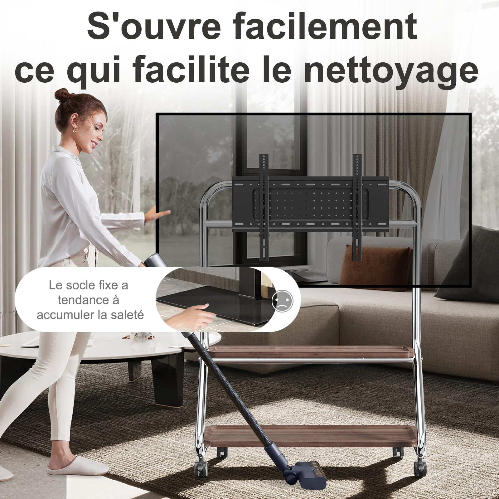 Support TV avec 2 étagères en bois et plaque perforée pour 32-75" Argenté