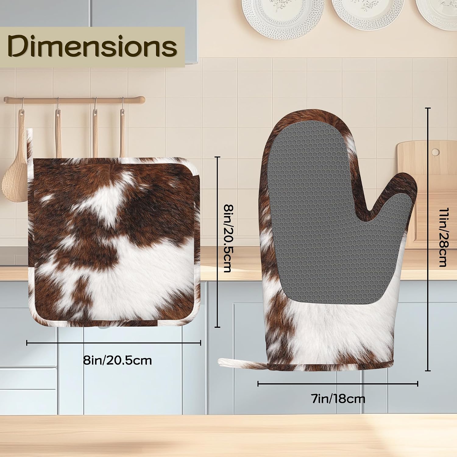 Cowhide Cow Print Oven Mitts and Pot Holders Sets of 4 PCS, Oven Gloves Potholder for Kitchen Cooking Baking BBQ Heat Resistant