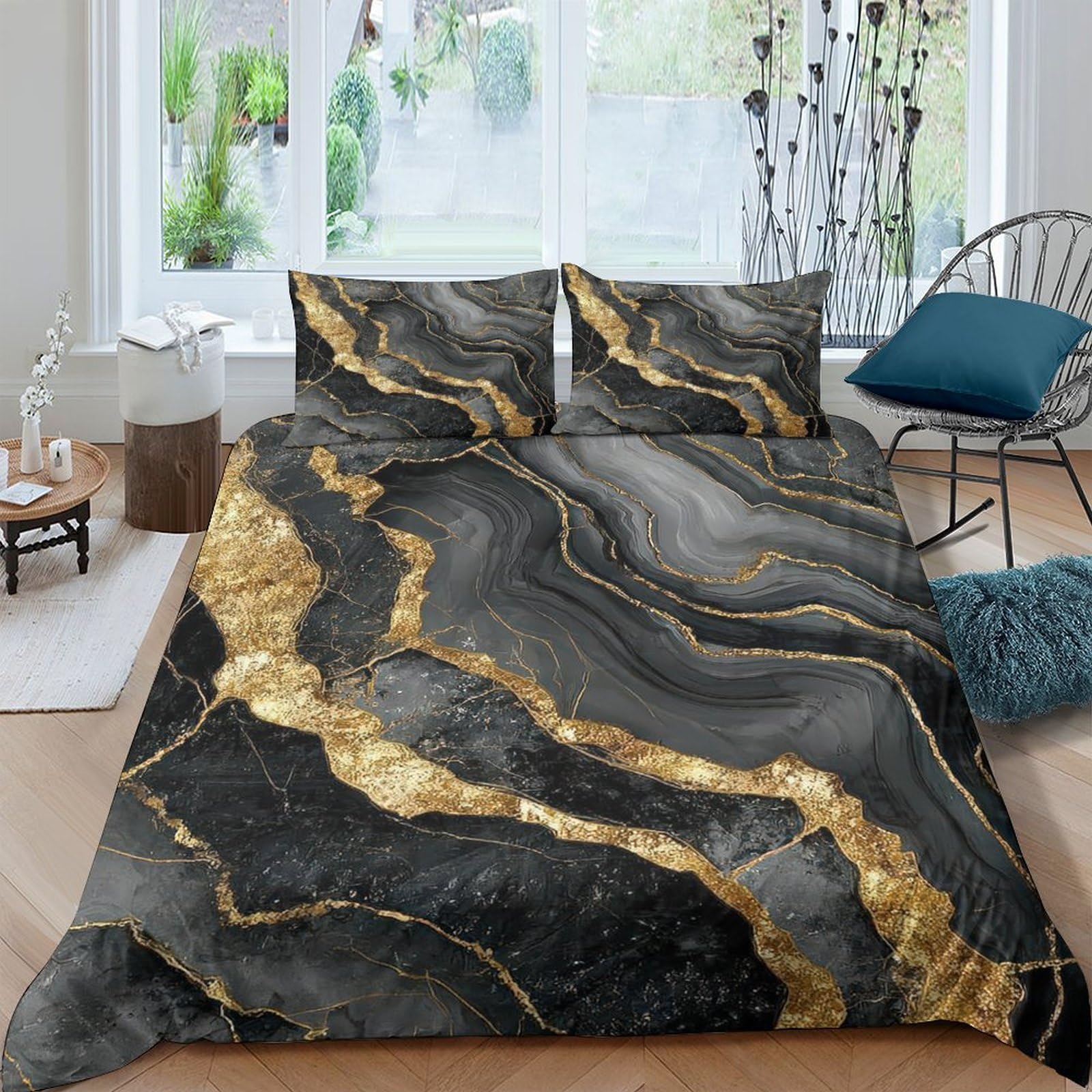 Ctjqhvkz Style-5 3D Printed Marble Gold Fitted Sheet Microfiber Soft Black Abstract Mattress Cover Bedroom Decor Protection Single（135X200cm）