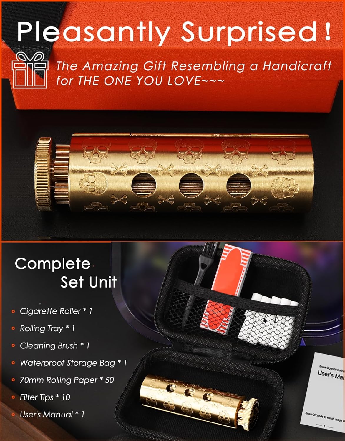 Vintage Skeleton Cigarette Roller, Brass Cigarette Rolling Machine, Pure Copper Joint Roller Machine, Solid Brass Roller, Use with 70 mm Papers, Luxurious Tobacco Roller with Tray, Filter & Paper