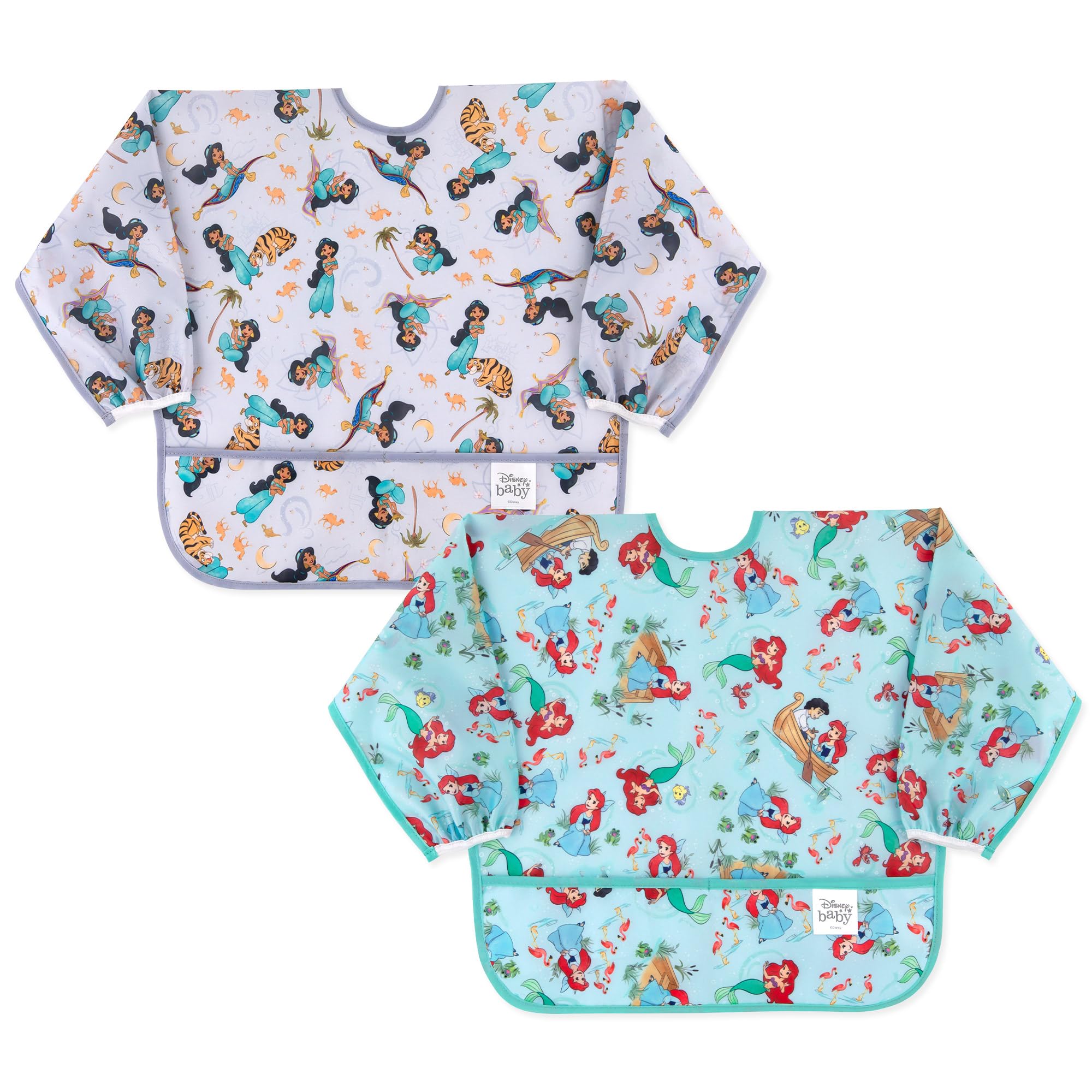Disney Sleeved Baby Bib – Long Sleeve Waterproof Fabric Feeding Smock with Crumb Catcher Pocket, Adjustable Toddler Apron for Baby Led Weaning, for Ages 6–24 Months, Ariel and Jasmine 2-pack