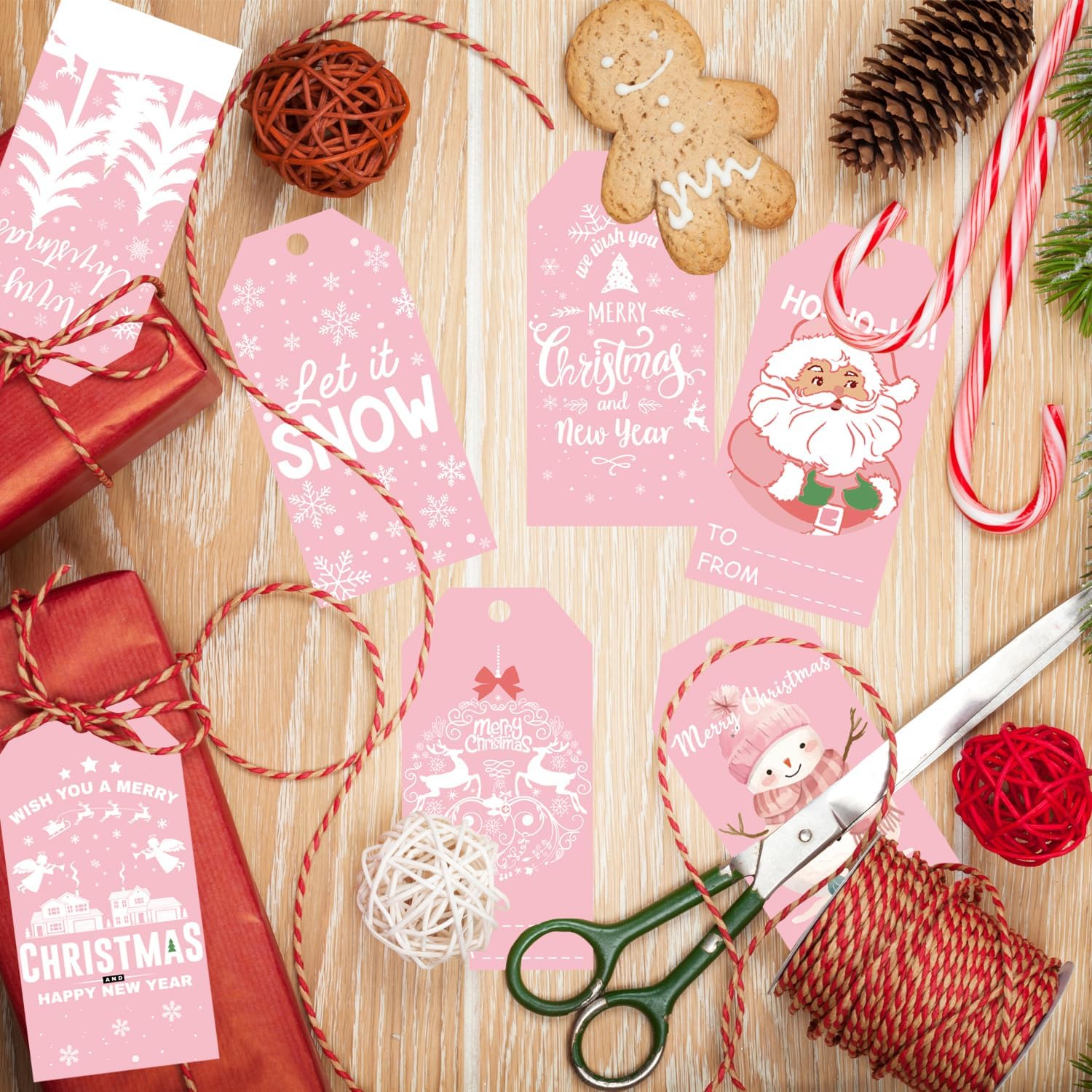 Doumeny 120PCS Pink Christmas Paper Tags - Winter Snowman, Santa Claus, Xmas Tree, Snowflake Hanging Labels With String - Let It Snow Tags for DIY Art Crafts Wrapping - Image 3