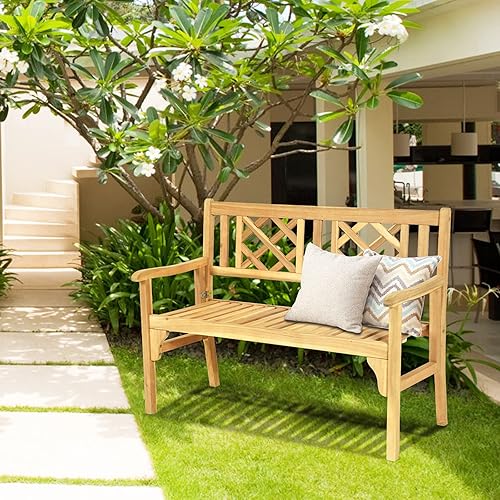 Miniatura 8 de Tangkula Banco plegable de madera para jardín, banco plegable de acacia para 2 personas con estructura resistente, cerraduras, reposabrazos y