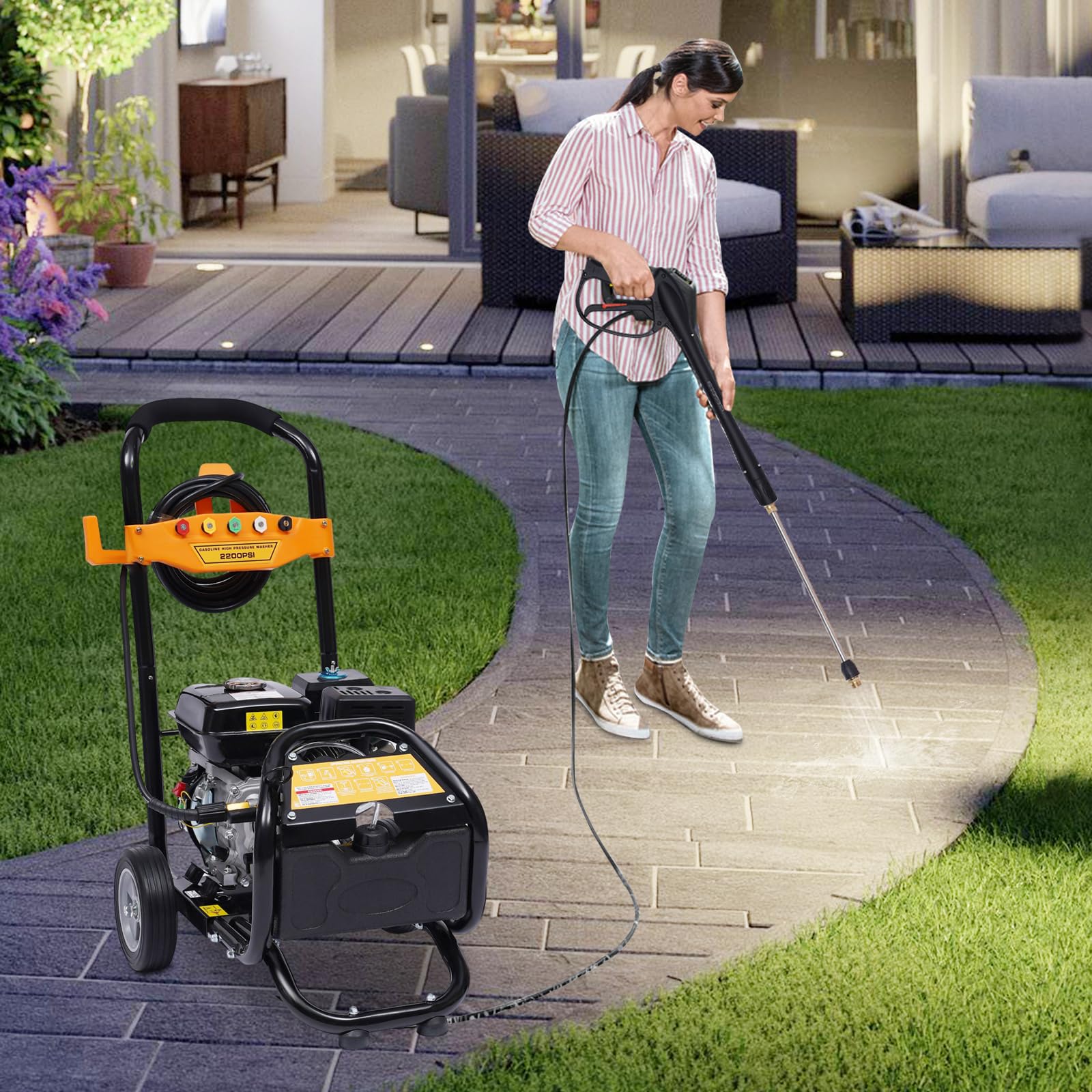 Limpiador de alta presión de gasolina, 2200 psi, 7,5 HP, limpiador de alta presión, inalámbrico, limpiador de terraza, juego de accesorios, motor de gasolina con ruedas y 5 boquillas para suelos y