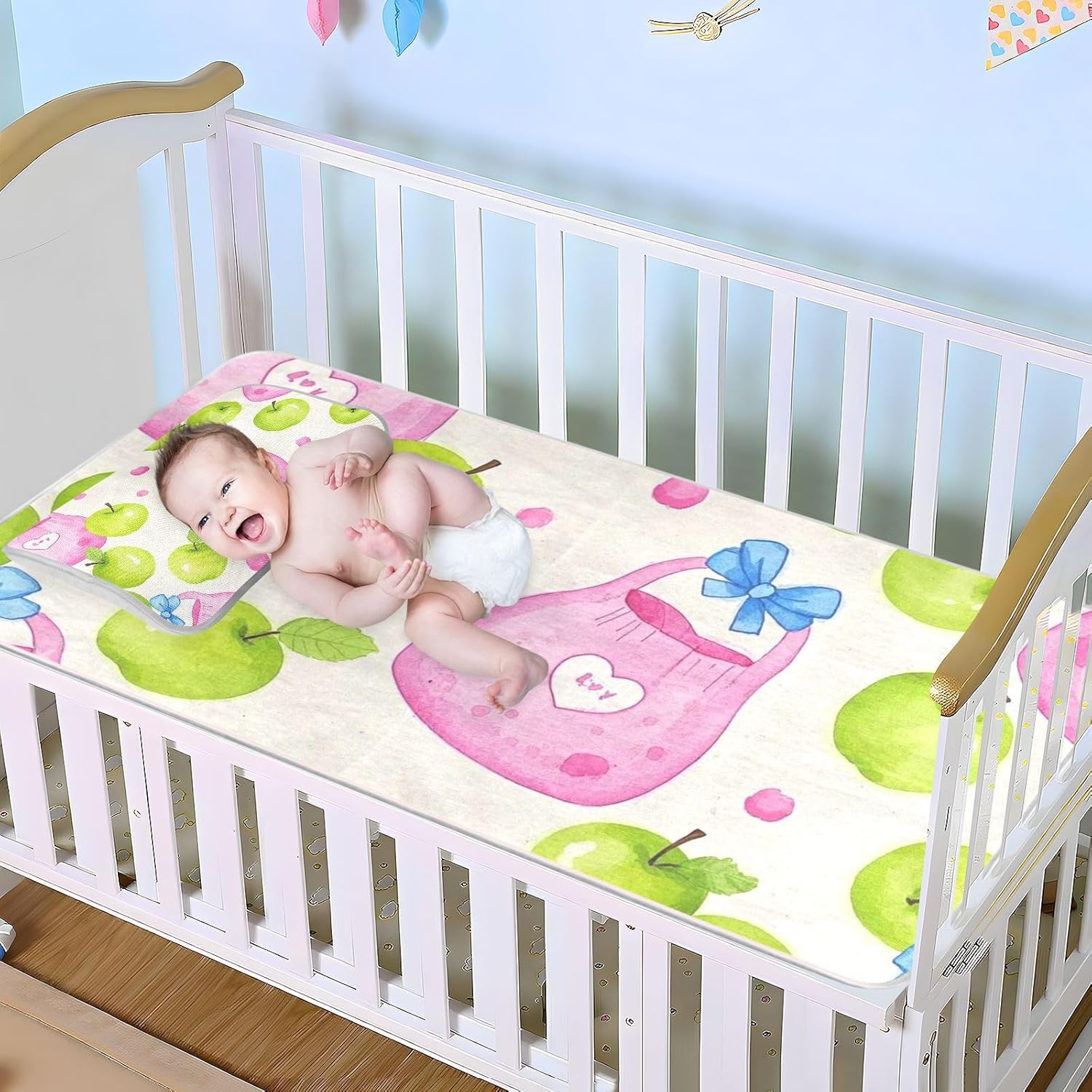 Cute Light Red Bag Green Fruit Cooling Baby Mattress pad 28" x 52" Ultra Soft Mattress Pads for Baby&Toddler