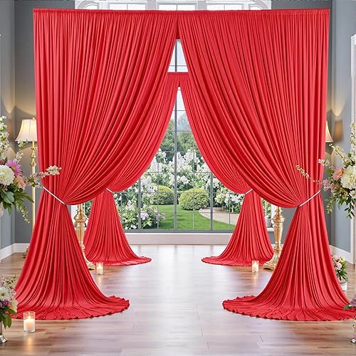 Miniatura 3 de Cortina de telón de fondo rojo sin arrugas de 30 x 10 pies para fiestas, 6 paneles de 5 x 10 pies de poliéster sedoso rojo para fotos, telón de