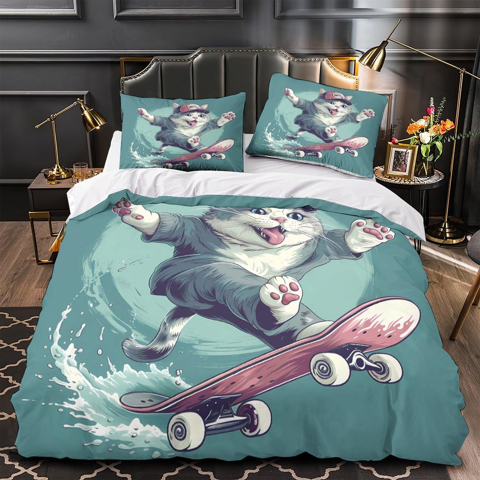 Parure de couette chat skateur anti-acarien et facile d'entretien 140x200