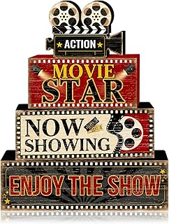 Britimes 4 Pcs Movie Night Table Decor Christmas Tiered Tray Decorations Set Movie Star Stack Block Signs Gift Rustic Farmhouse Tabletop Decor for Table & Home Office