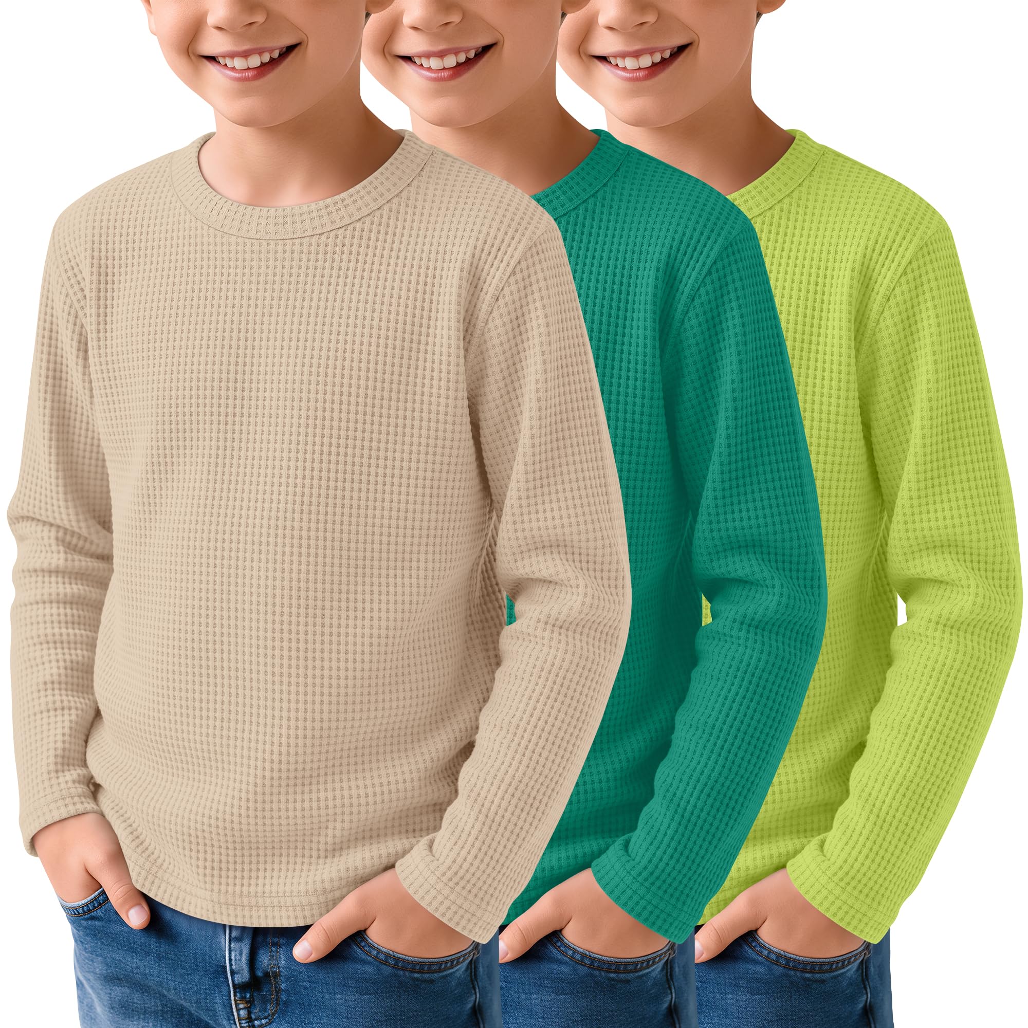 3 Pack Boys Waffle Shirts Kid Long Sleeve Warm Tops