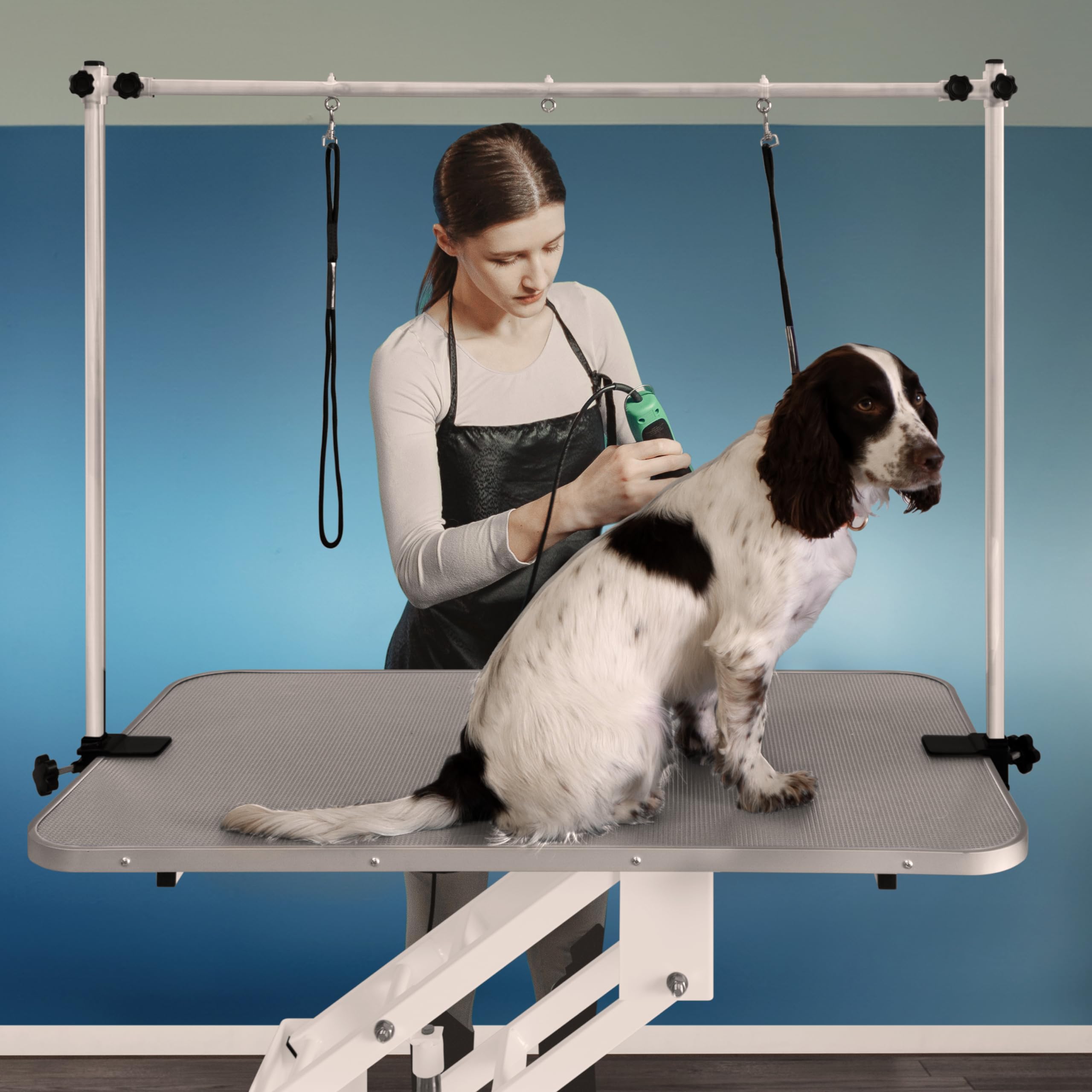Hydraulischer Hundepflegetisch Höhenverstellbar Profi Trimmtisch | für Tiere bis zu 180kg | 106 x 61cm Gummioberfläche, 4 anpassbare Stallfüße & 3 Schlaufenleinen [Weißer Rahmen & Grauer Tisch]