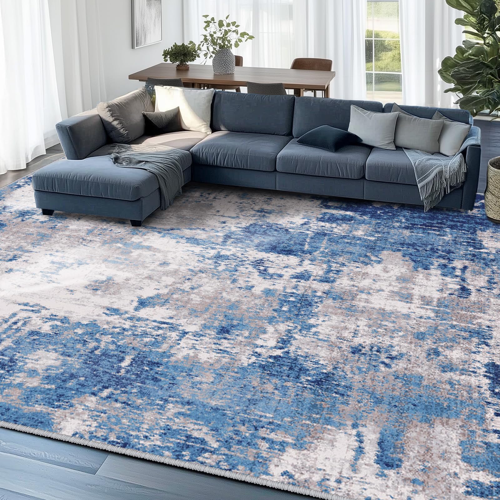 Washable Area Rugs 10'x14' Non-Slip Modern Abstract Soft for Living Room Entryway Bedroom Nursery, Print Pattern, Blue Grey Navy Gray