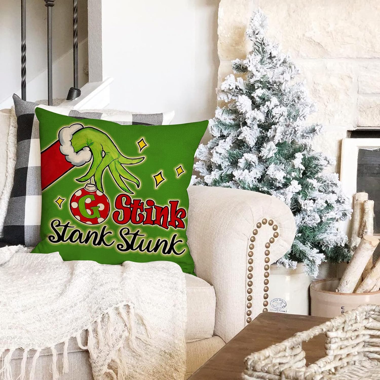 Fahrendom Merry Christmas Whatever Stripe Decorative Throw Pillow Cover 20 x 20 Set of 4, Xmas Hat Hohoho Winter Holiday Porch Patio Pillowcase, Stink Stank Stunk Polka Dot Cushion Case Home Decor