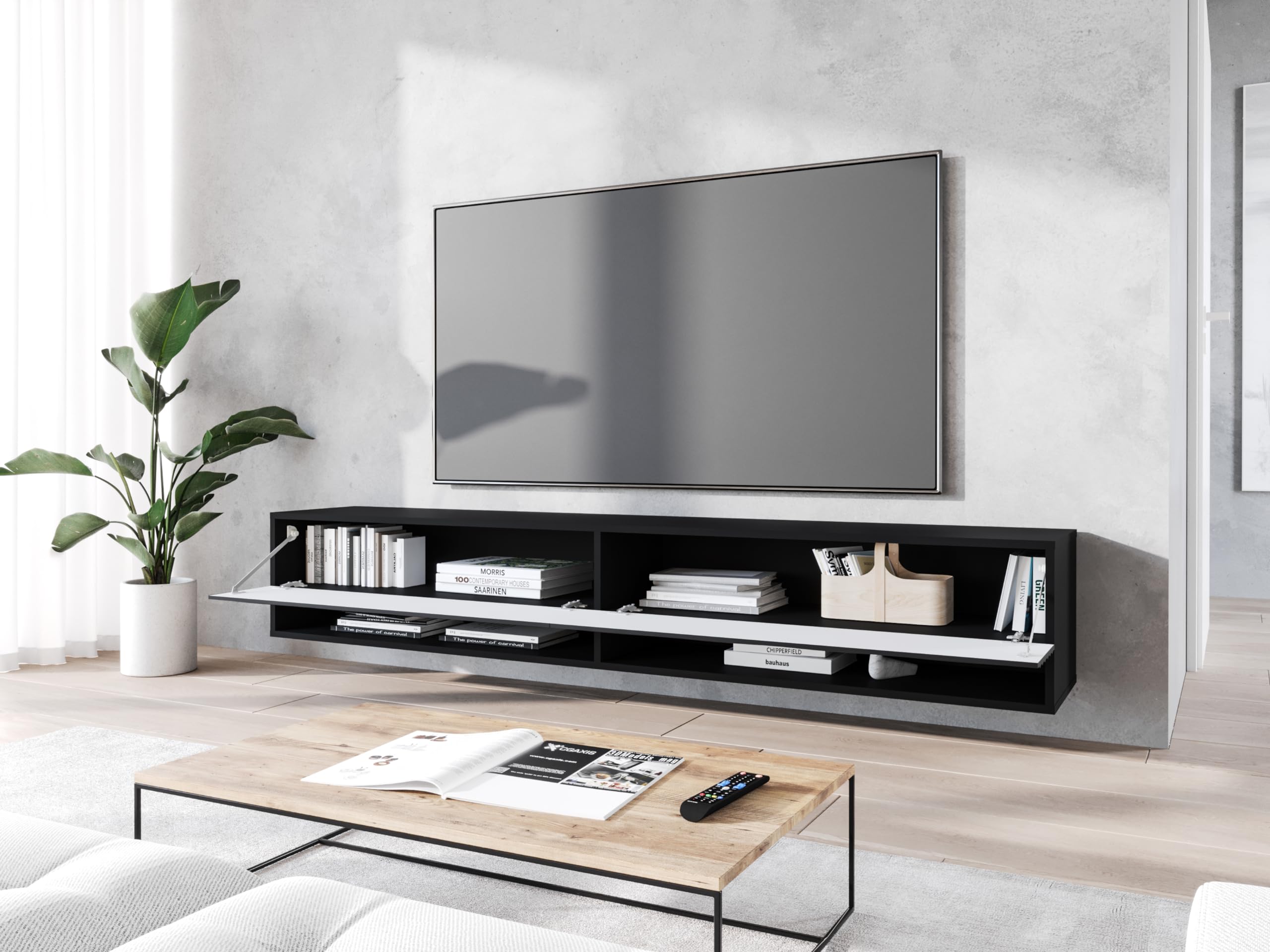 Meuble TV 180 cm noir ondulé avec éclairage LED en option, deux étagères, support TV suspendu