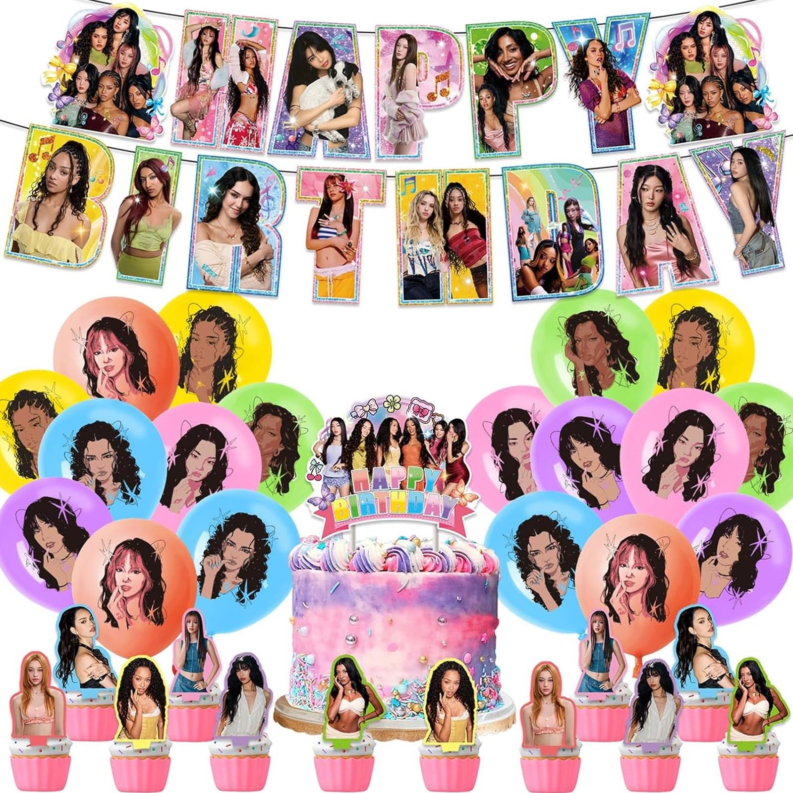 58Pcs Birthday Party Decorations Set for Girl Group KATS_EYE Music Idol Supplies Include Balloons, Banner, Cake Topper & Cupcake Toppers for Fans Lover Girls Boy