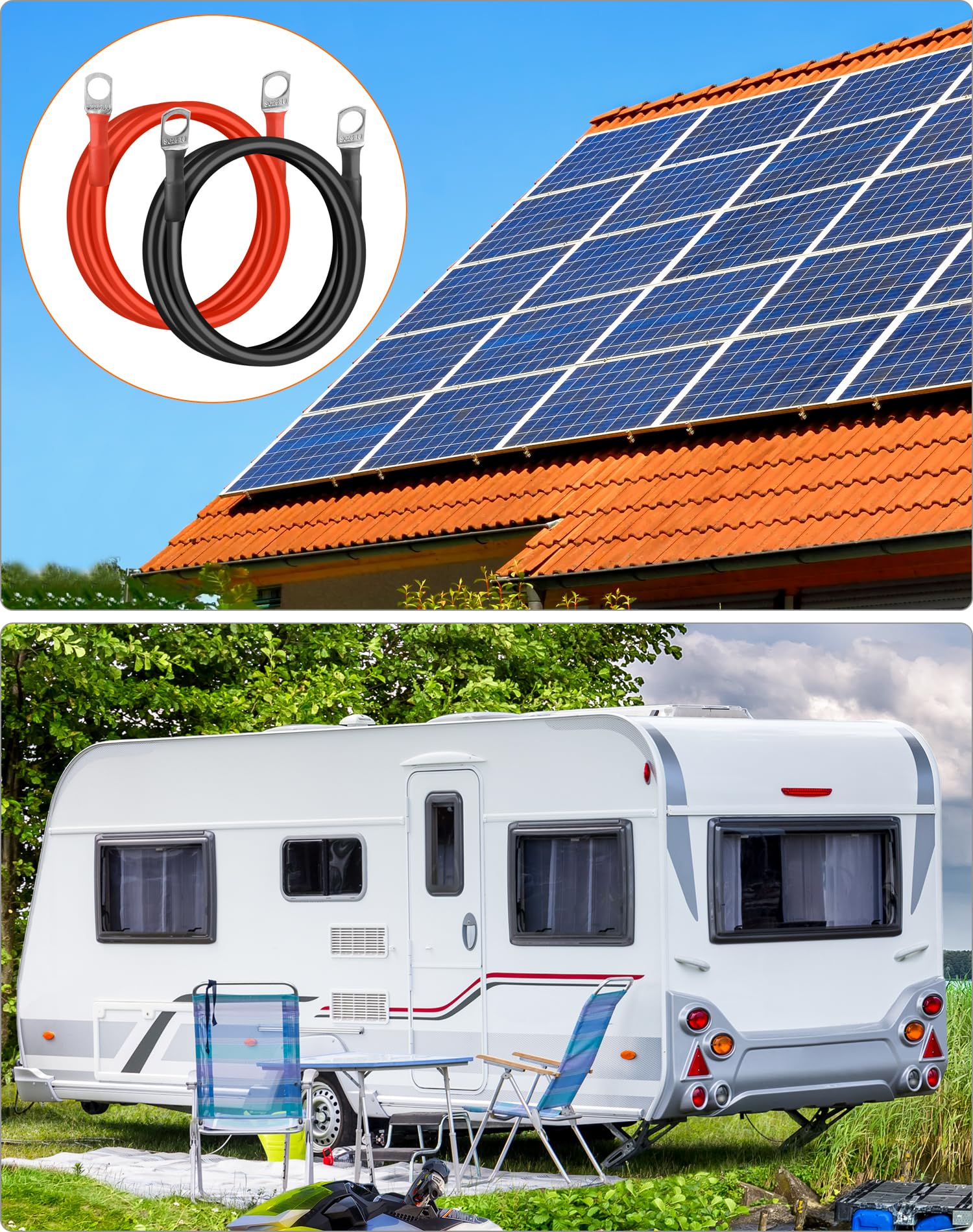 QWORK® 2 Piezas 100 cm Cable de Arranque Batería 25mm² 3AWG con Terminales Anillo M10 para Automóviles, Camiones, Motos, RV, Marino y Solar