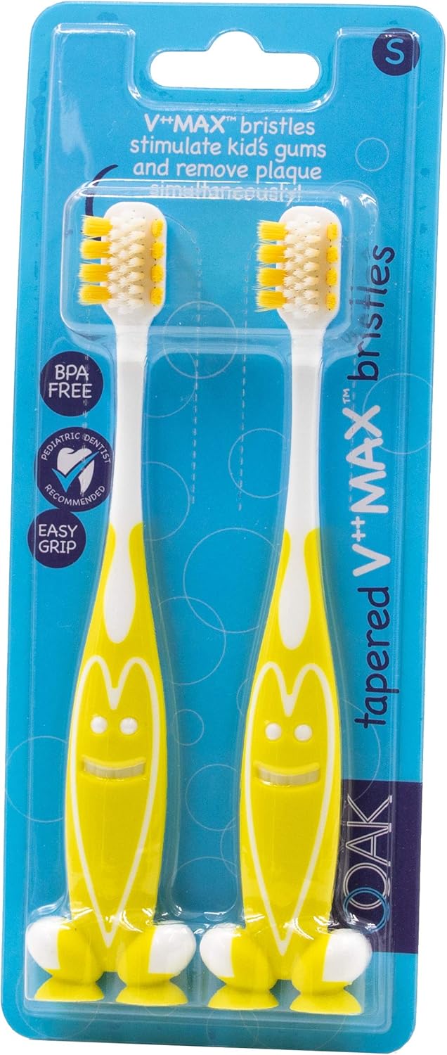 Ooak Kids Toothbrush, Tapered V++Max Bristles, Happy Face 2 Pack - Yellow : Beauty & Personal Care