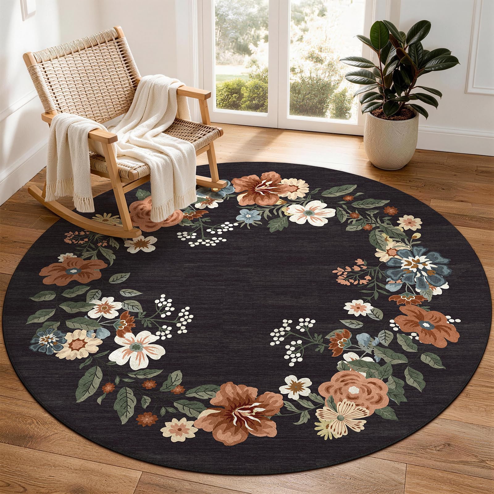 SOANNY Round Rug 120cm Washable Non Slip Living Room Carpet Charcoal Black โ image 1