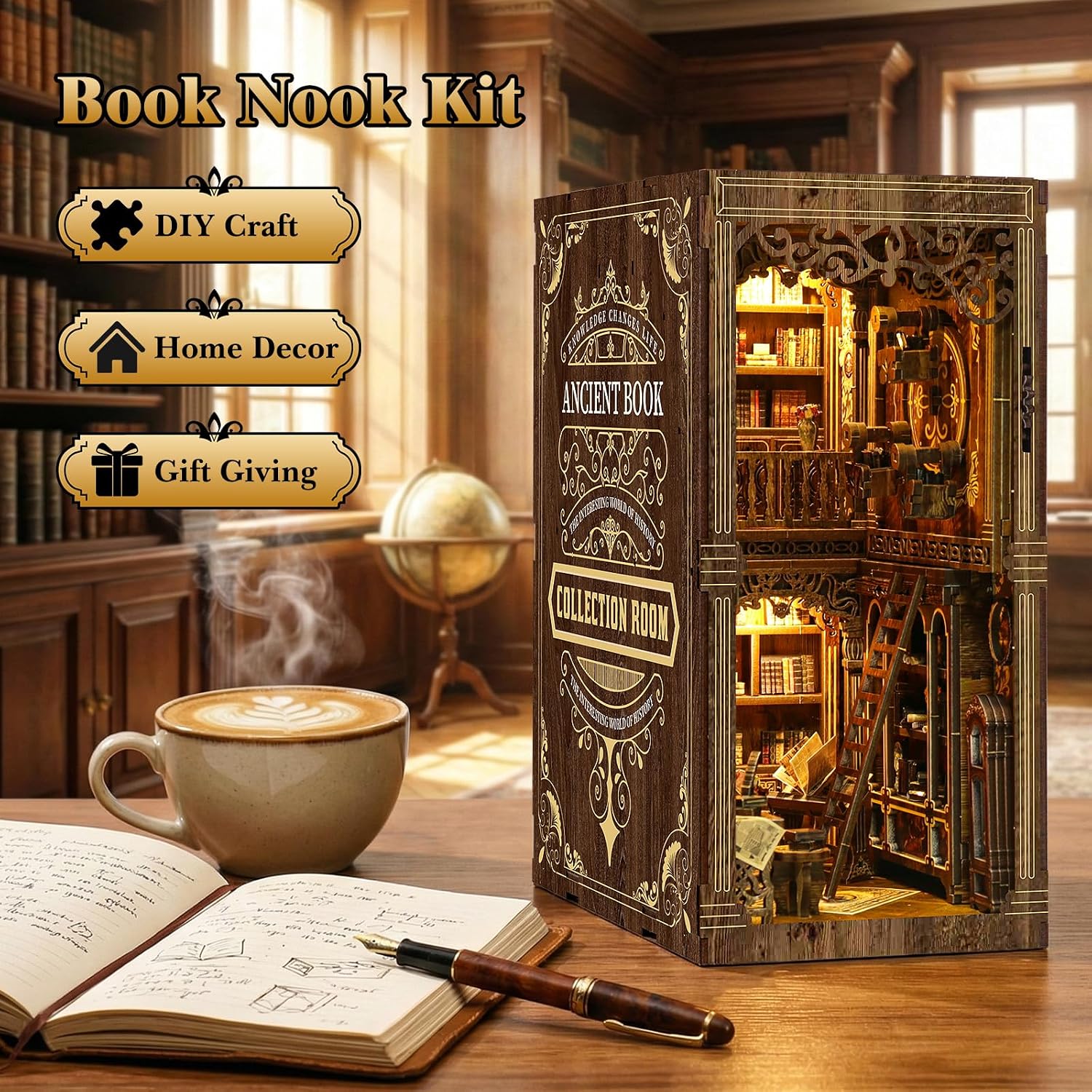 Book Nook Kit, DIY Miniature House Kit for Adults, 3D Miniature House Dollhouse with LED,Dollhouse Booknook Library Tiny House Bookshelf Decor 3D Wooden Puzzle, Gifts for Family, Friends