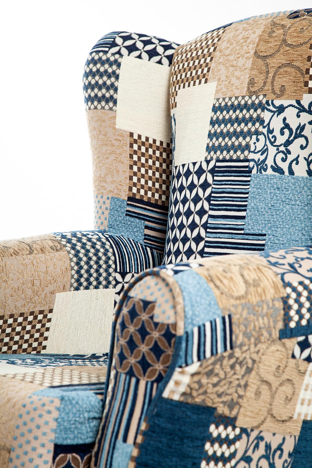 SUENOS ZZZ Sillón Irene Sillón Orejero De Lactancia Tapizado En Tela Patchwork Azul Para Dormitorio Salón O Habitación De Bebé