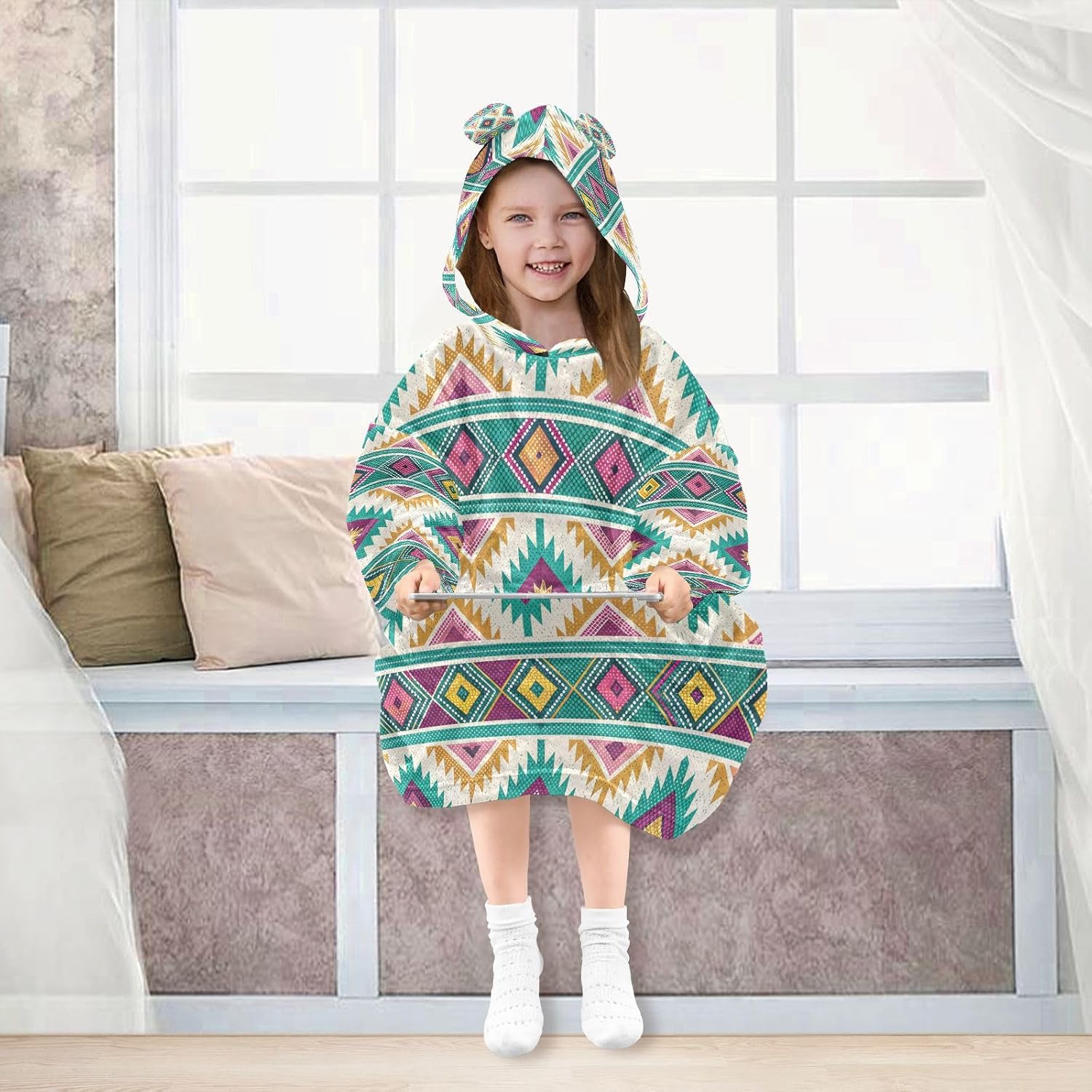 Kigai Ethnic Prints Wearable Blanket Hoodie for Kids Oversized Hooded Blanket Warm & Cozy Sweatshirt with Pockets