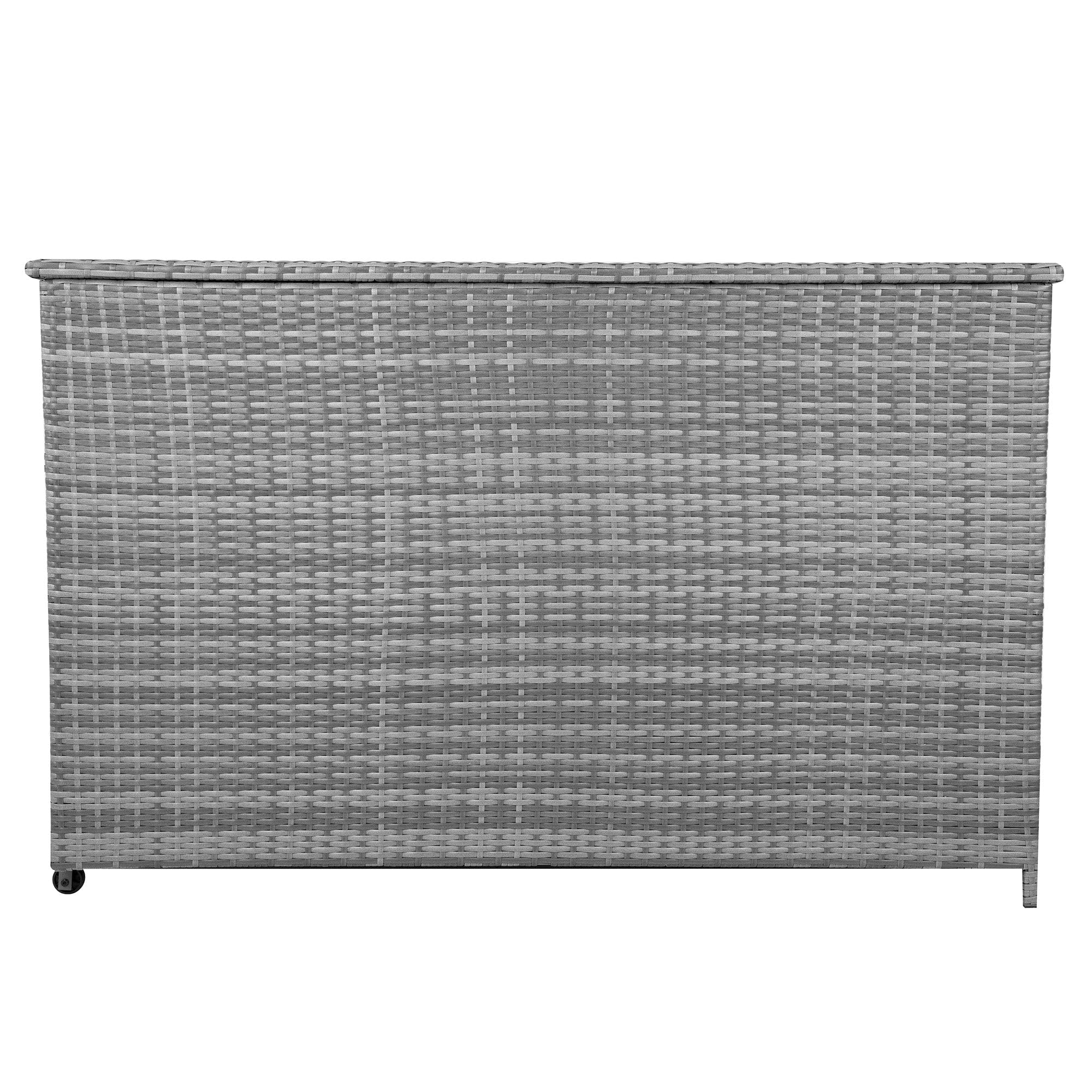 Monster Shop Grey Rattan Garden Storage Box 996L Water Resistant Zipped Lining Cover Cushion Blanket Tools Toys Furniture Large Chest Outdoor Patio Deck Steel Frame Weather Resistant Gas Lift Lid Portable Wheels