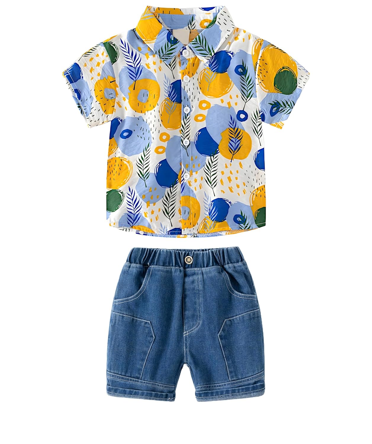 100% Cotton Stylish Hawaiian Beach Blue Yellow Circle Design Shirt & Denim Shorts for Baby Boys