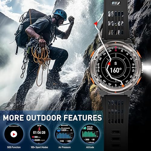 Miniatura 4 de Relojes inteligentes militares para hombres con linterna LED, reloj inteligente táctico resistente con 1.45 pulgadas HD, 3ATM impermeable y brújula,