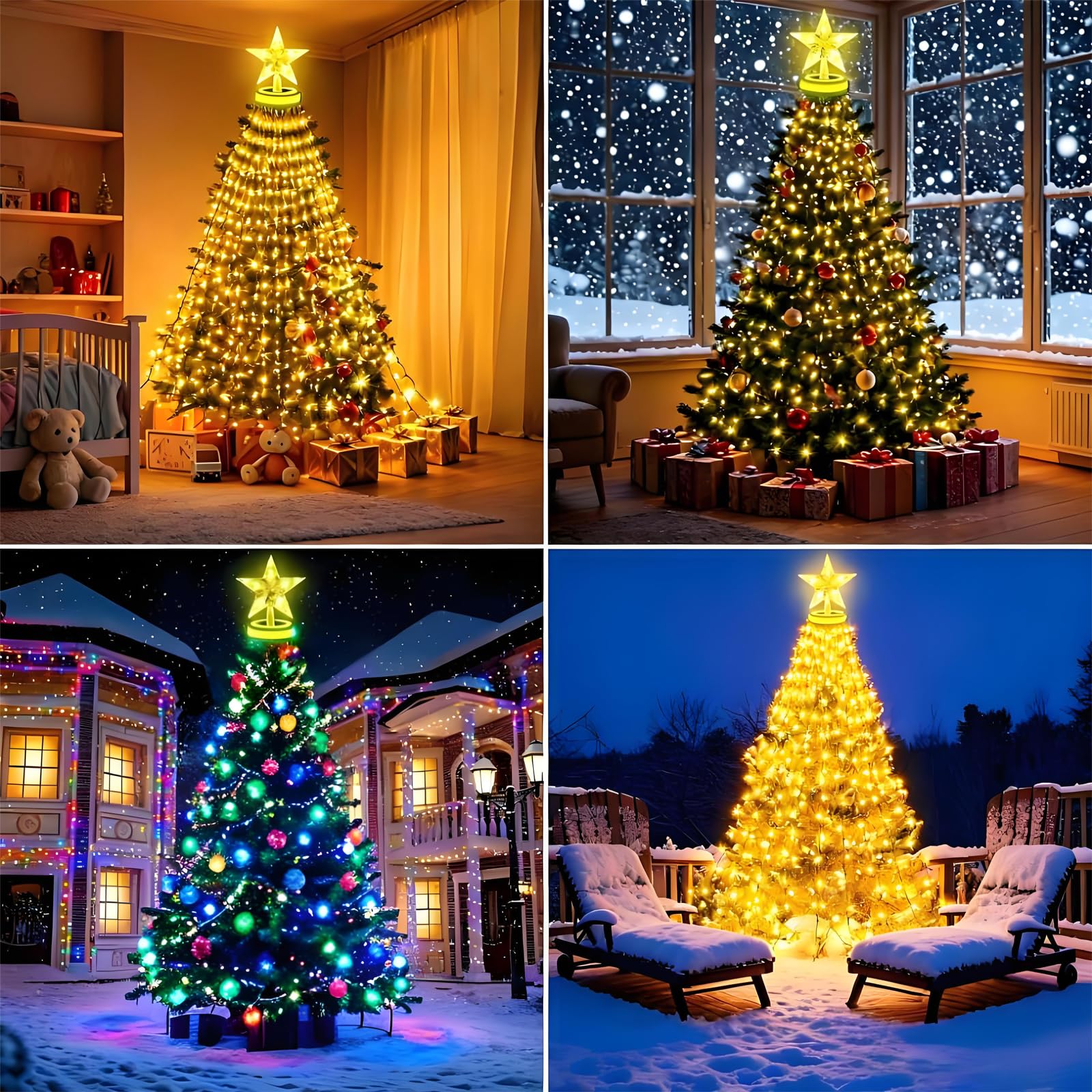 Luci per albero di Natale 12 fili 2,5 m 300 LED con anello, luci per albero di Natale impermeabili IP65 8 modalità per esterni e interni, bianco caldo