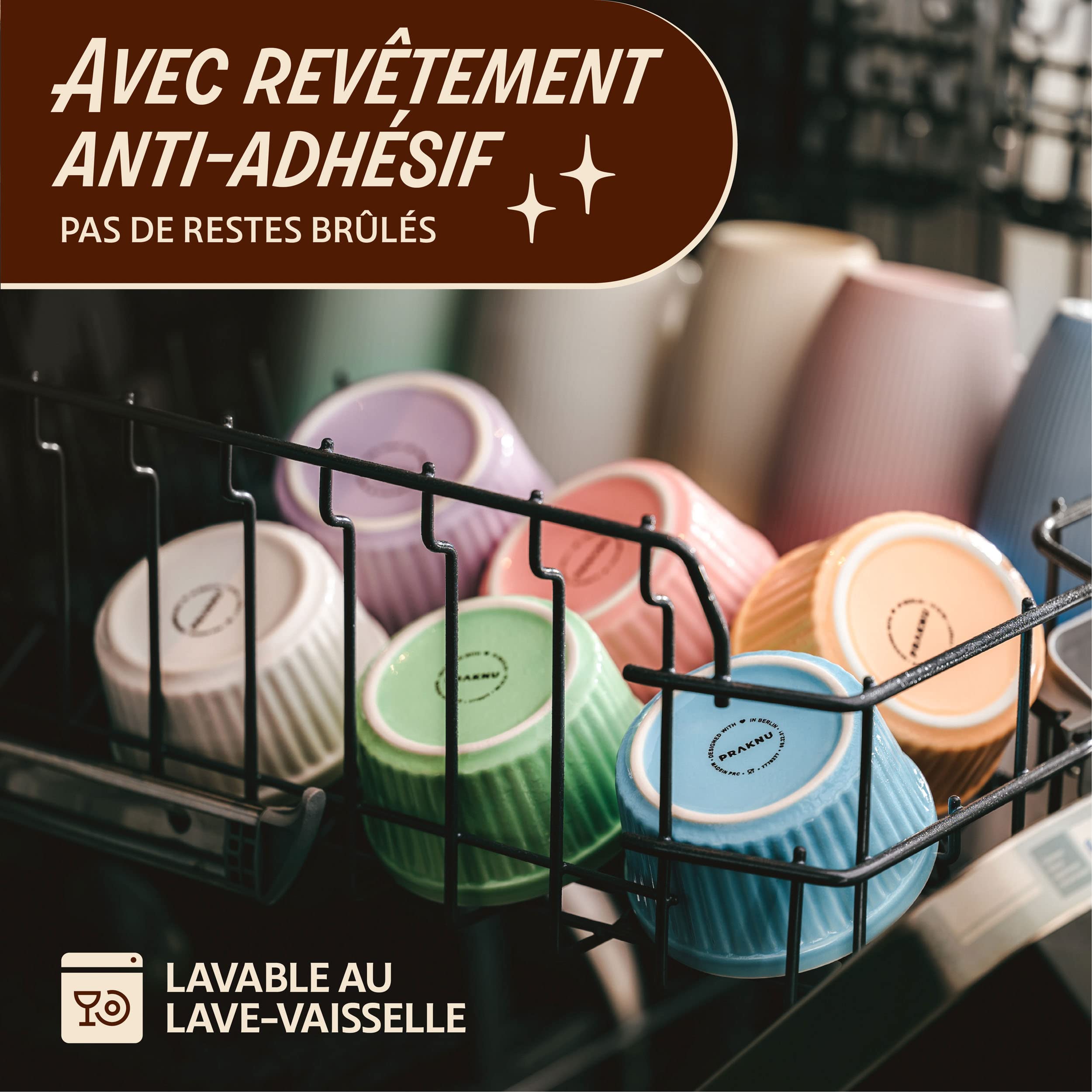Praknu 6 Ramequins en Céramique 200 ml - Allant au Four - 9 cm - Empilables - Revêtement Antiadhésif - Emballage sans Plastique