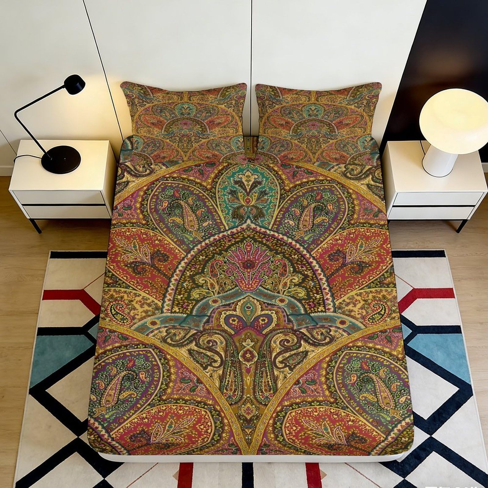 3D Printed Paisley Mandala Fitted Sheet Microfiber Soft Breathable Ethnic Floral Bed Cover for Bedroom Dorm Decor 90x200x25cm